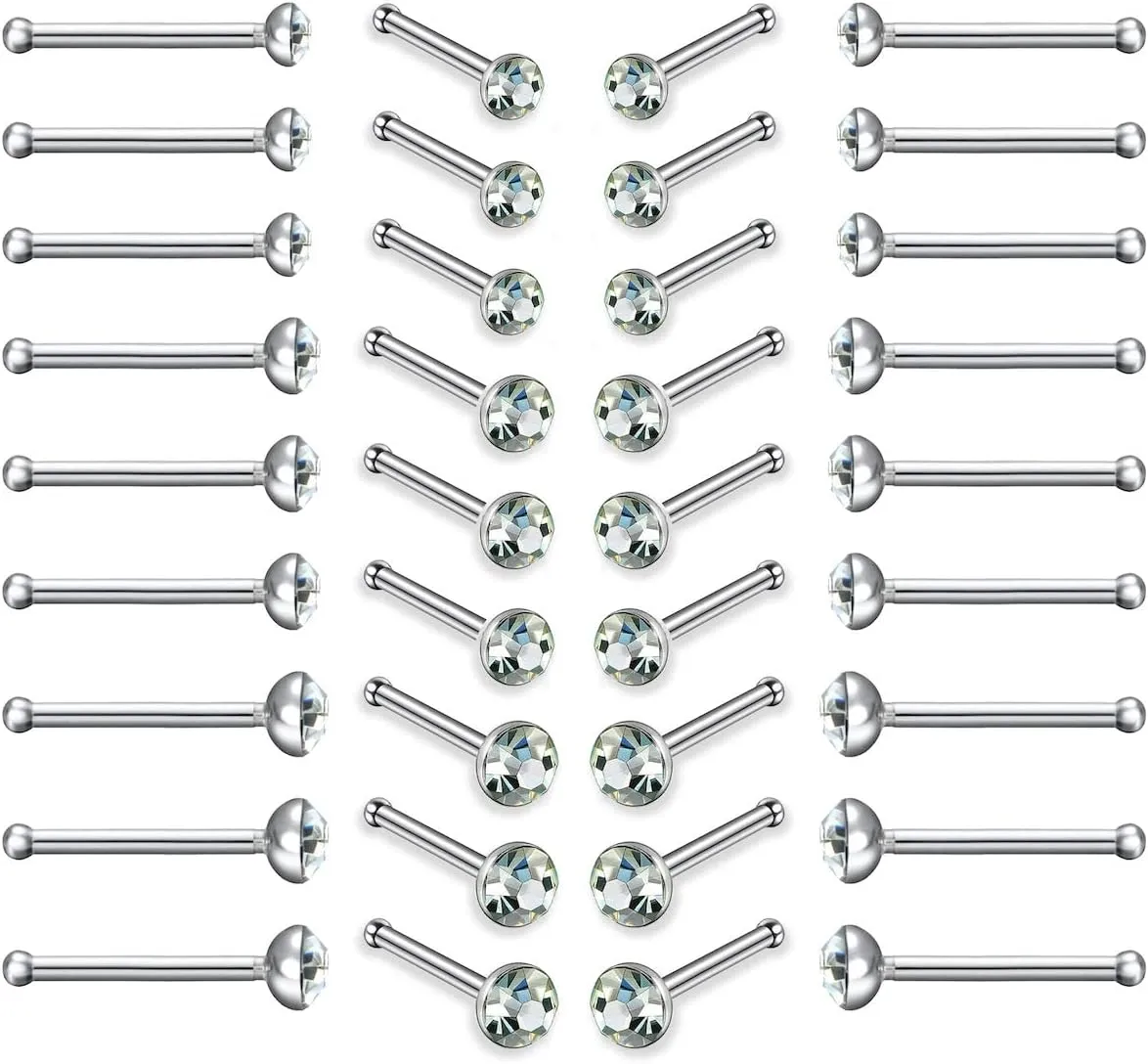 Charisma 40pcs 22G Nose Studs Rings Stainless Steel 1.5mm, Clear, Size No Size