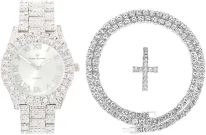 Charles Raymond Bling-ed Out Rapper Favorites - Ice'd Pendant w/Gold or Silver Necklace & Fully Bling'd Out Luxurious Gold or Silver Watch Set - NW2021