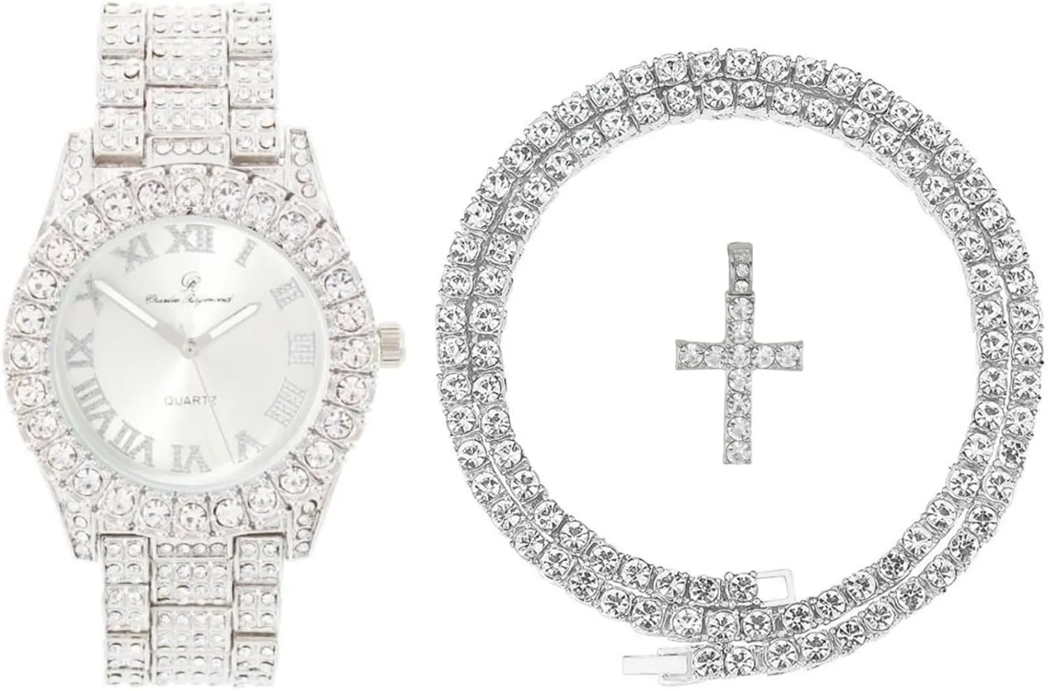 Charles Raymond Bling-ed Out Rapper Favorites - Ice'd Pendant w/Gold or Silver Necklace & Fully Bling'd Out Luxurious Gold or Silver Watch Set - NW2021