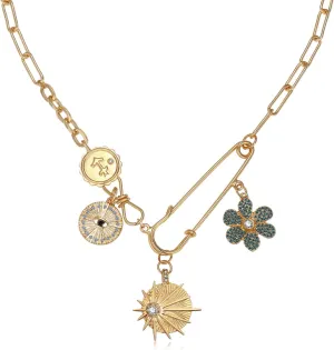Charm Necklace for Women Gold Evil Eye Sun Moon Flower Coin Pendant Necklace Dainty Paperclip Chain Vintage Luck Amulet Choker Necklaces Celestial Jewelry Gift