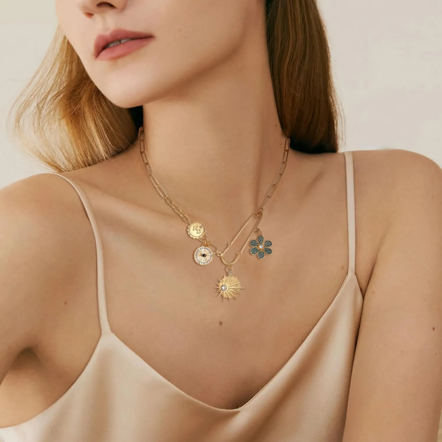 Charm Necklace for Women Gold Evil Eye Sun Moon Flower Coin Pendant Necklace Dainty Paperclip Chain Vintage Luck Amulet Choker Necklaces Celestial Jewelry Gift