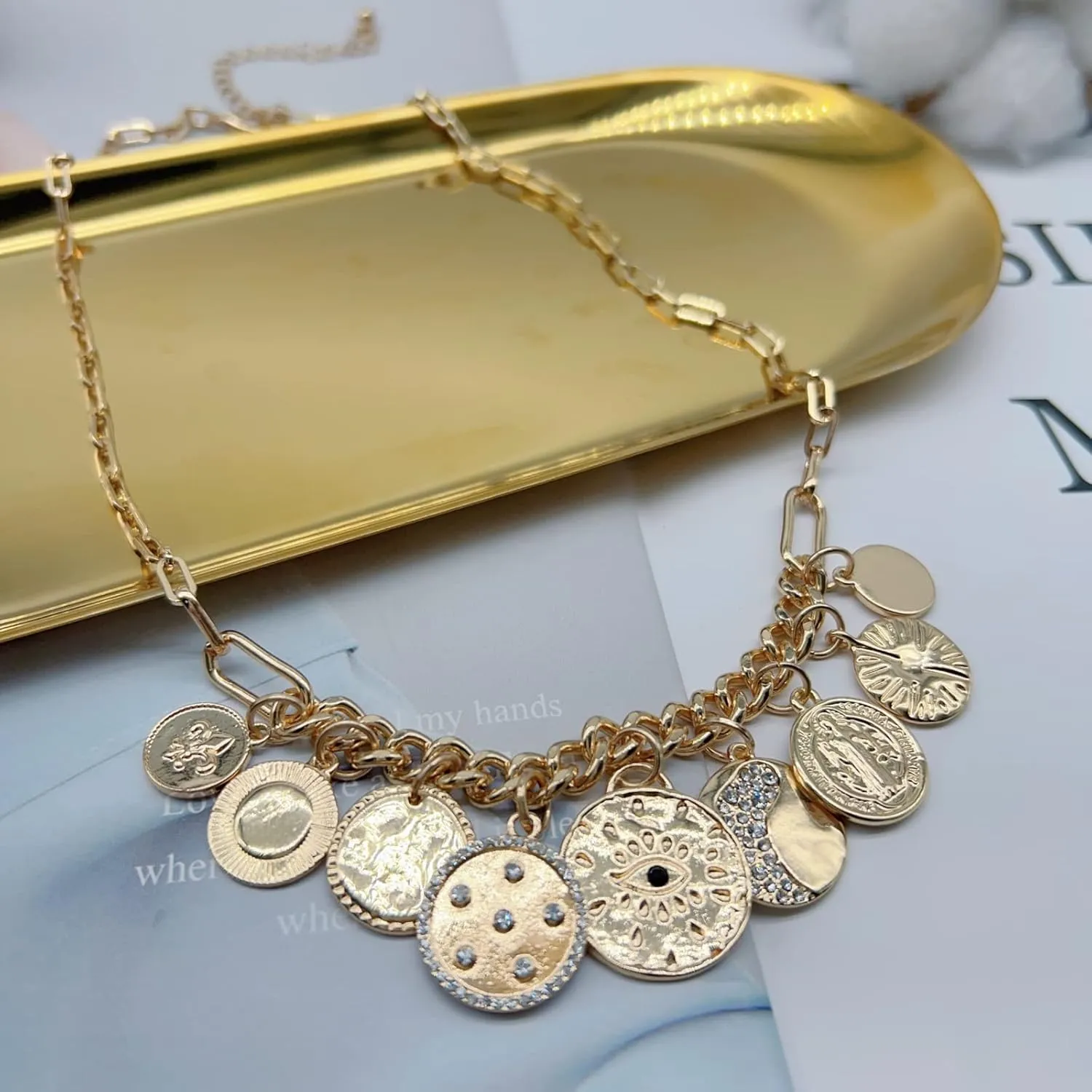 Charm Necklace Paperclip Necklace Gold Protection Necklace, Handmade Evil Eye Jewelry For Women, Hamsa Hand Nazar Eye Necklace Ojo Turco Pendant Luck Amulet, Third Eye Necklace Gold Necklae for Women