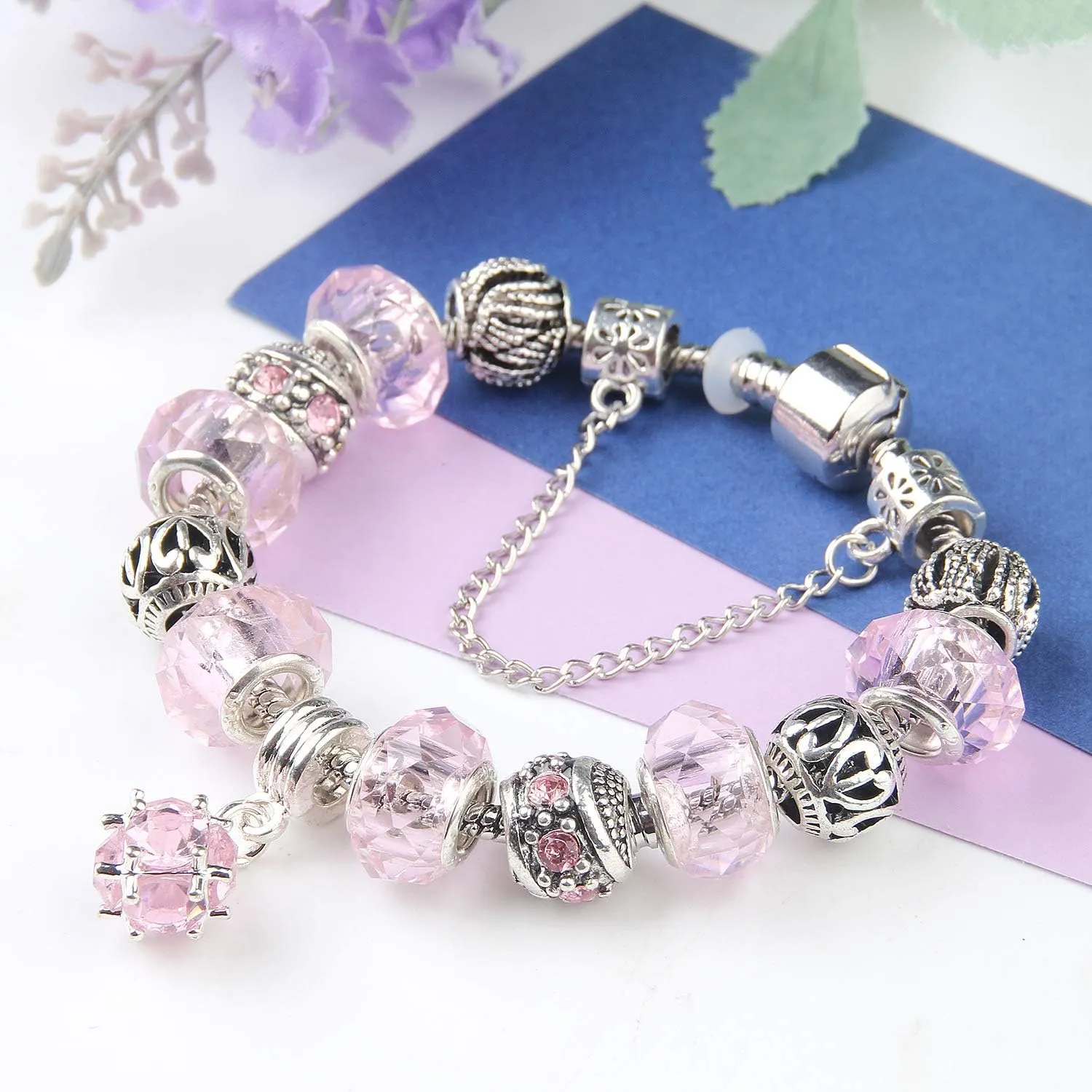 Charms Bracelet for Women Murano Glass Beads Flower Charms Amethyst Bracelets