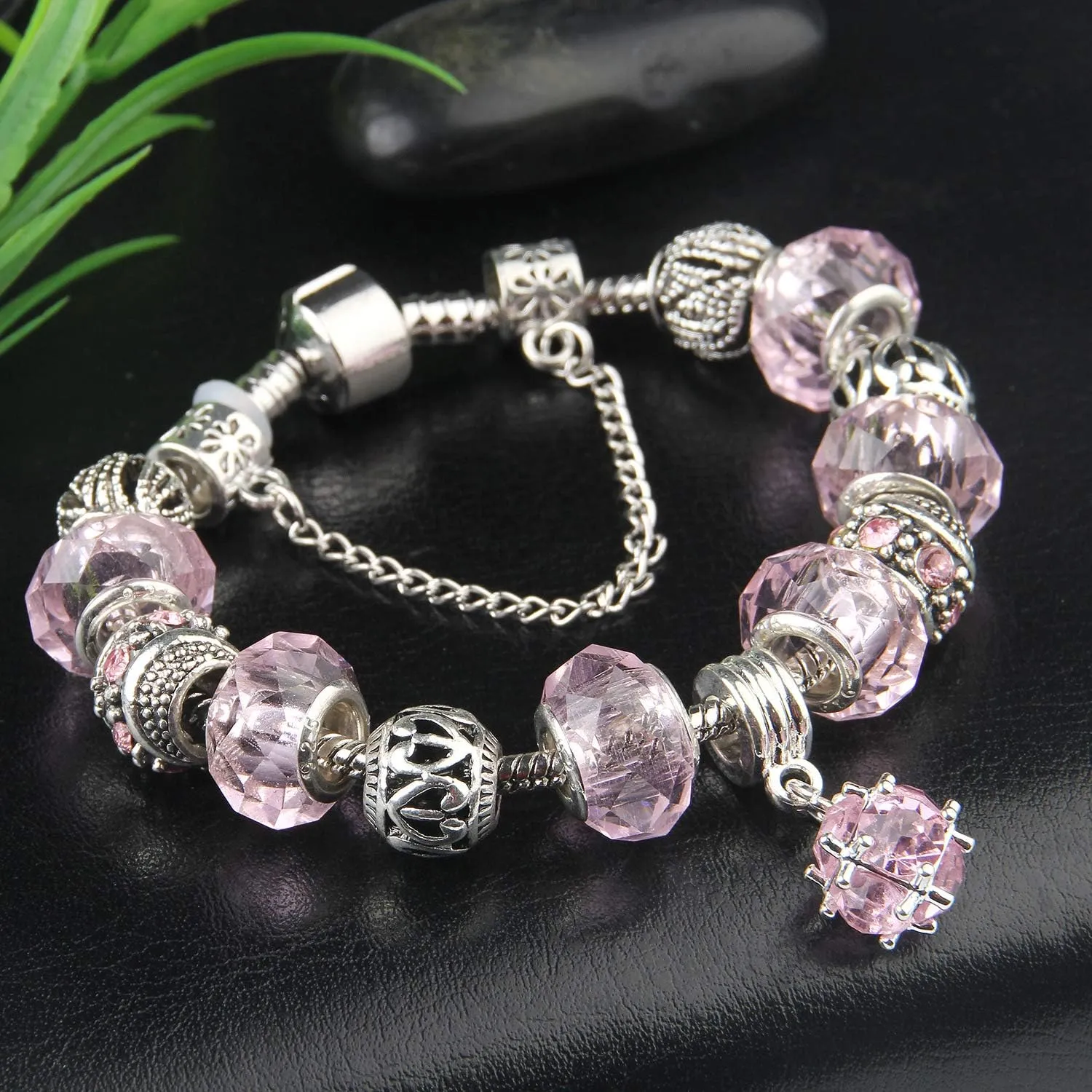 Charms Bracelet for Women Murano Glass Beads Flower Charms Amethyst Bracelets