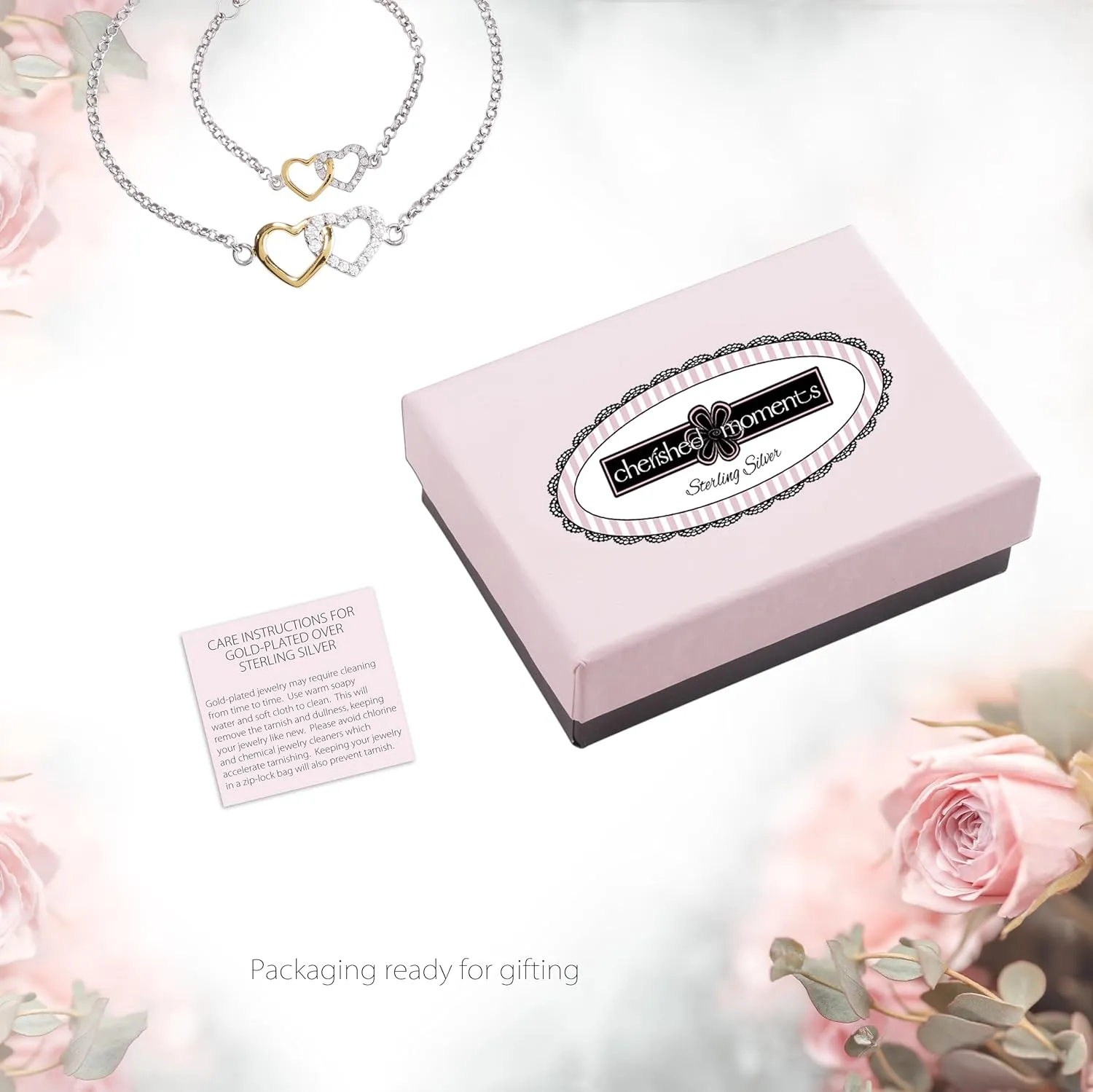 Cherished Moments 14K Gold-Plated and Sterling Silver Mom and Me Double Heart Bracelet for Mothers and Daughters (Sold as a Set or individually)