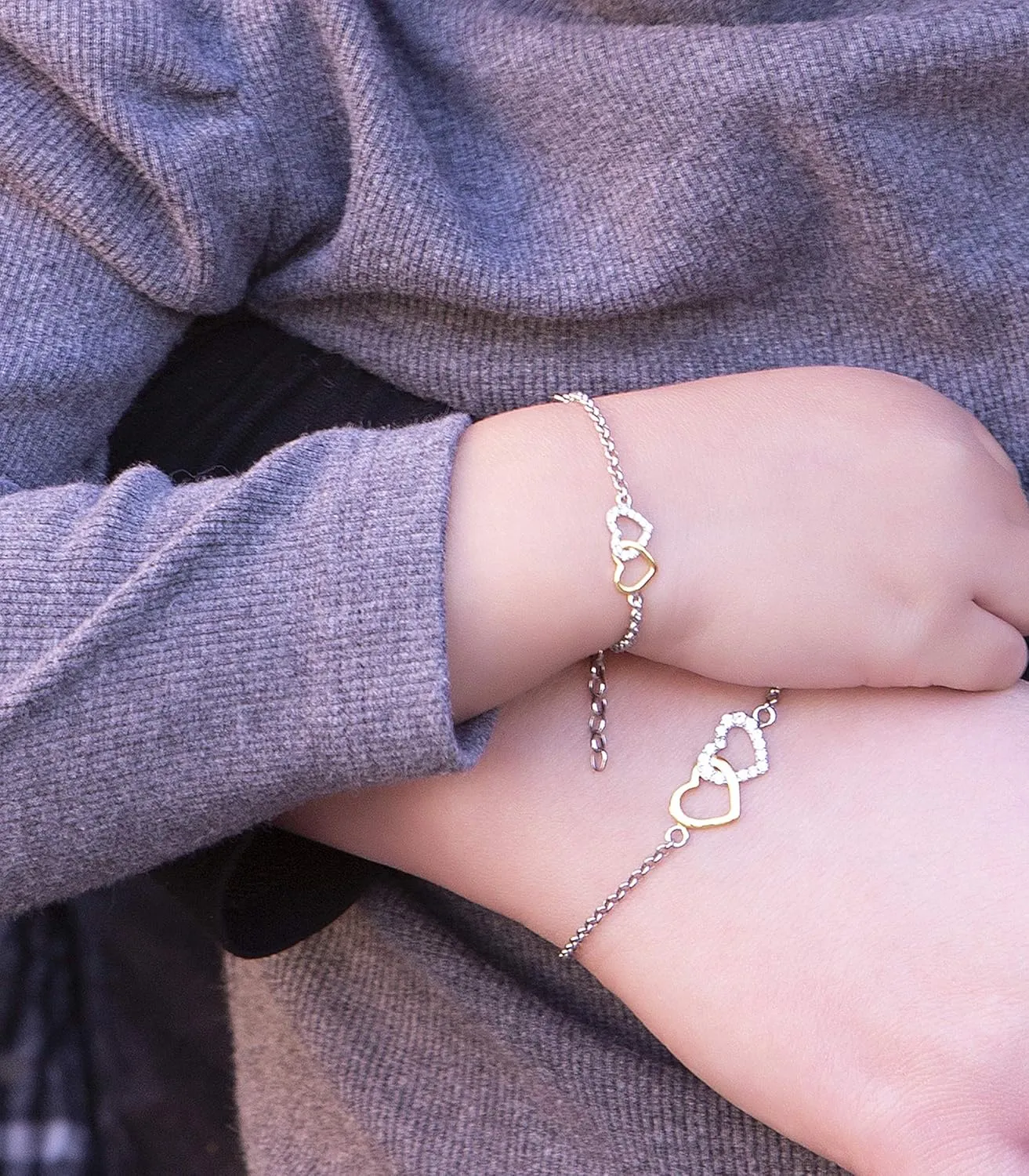 Cherished Moments 14K Gold-Plated and Sterling Silver Mom and Me Double Heart Bracelet for Mothers and Daughters (Sold as a Set or individually)