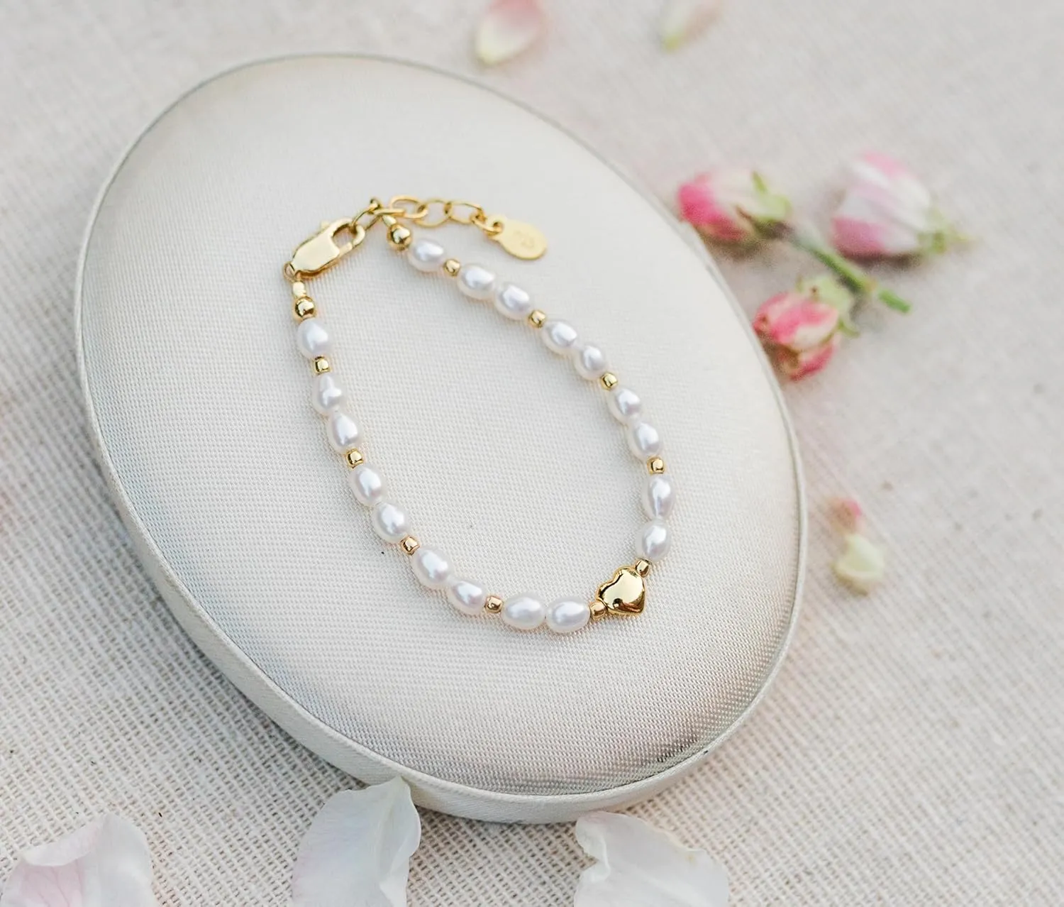 Cherished Moments Baby Girls or Children's Sterling Silver or Gold Plated Dainty Cultured Pearl Bracelet with Heart