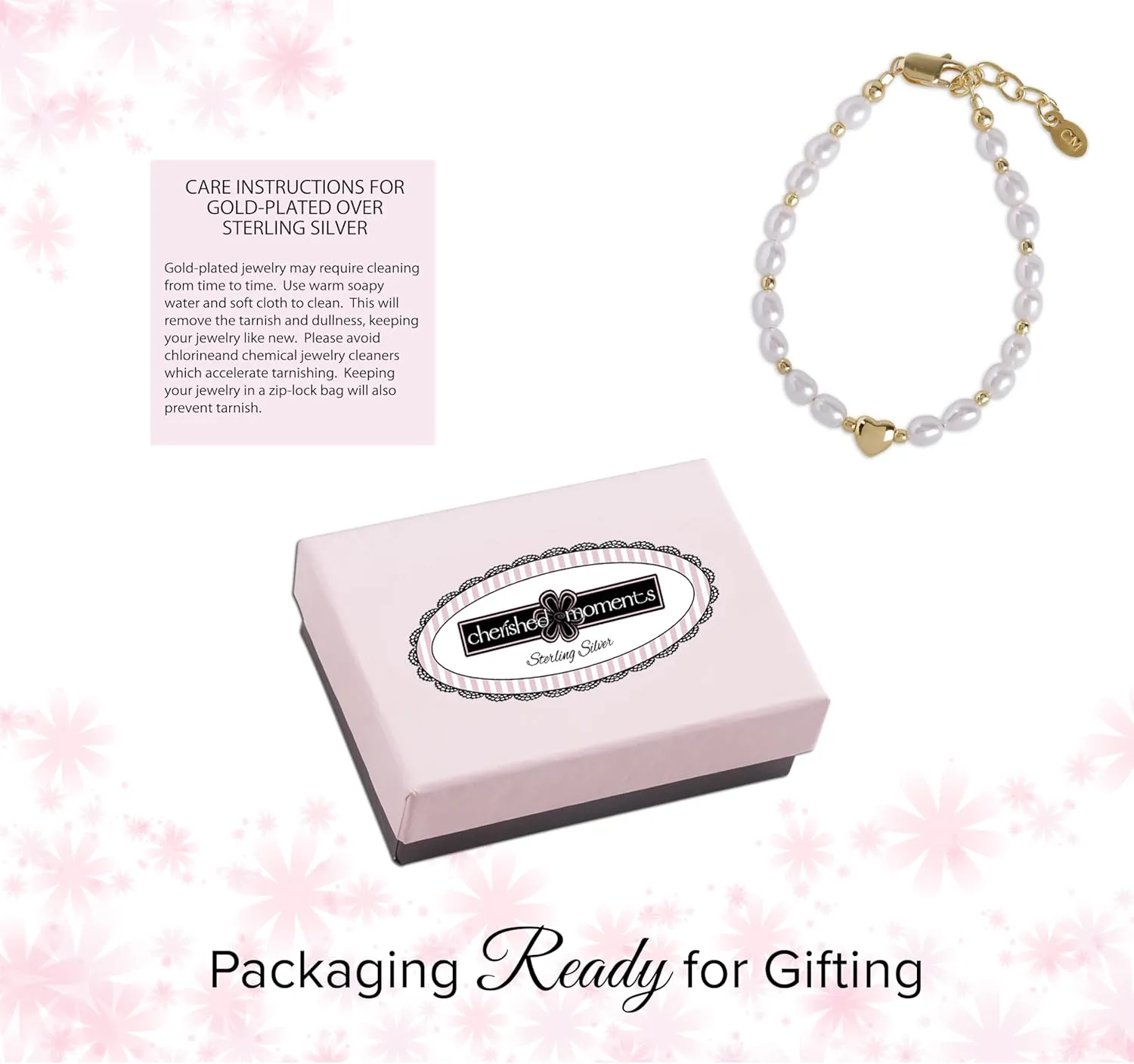 Cherished Moments Baby Girls or Children's Sterling Silver or Gold Plated Dainty Cultured Pearl Bracelet with Heart