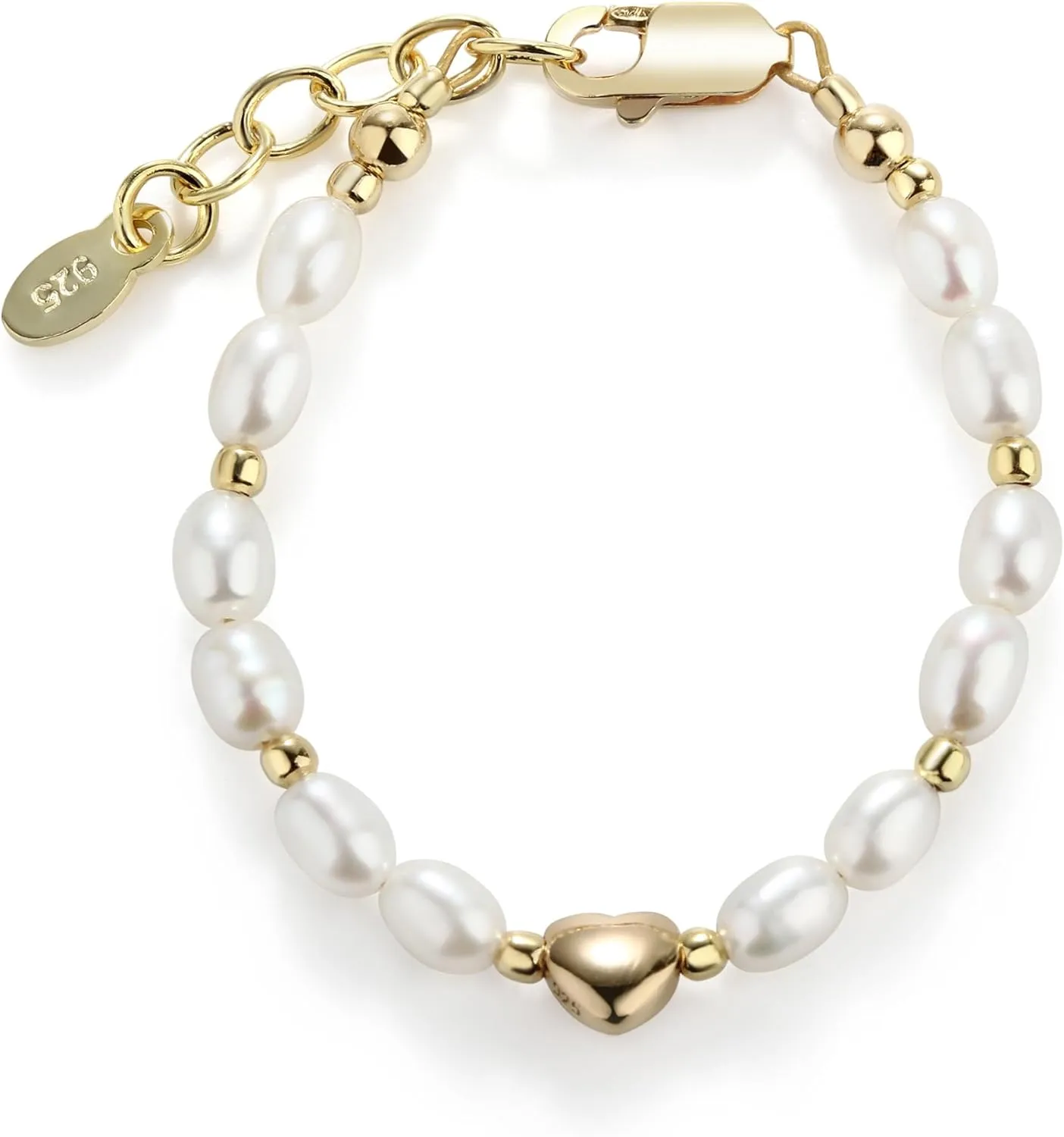 Cherished Moments Baby Girls or Children's Sterling Silver or Gold Plated Dainty Cultured Pearl Bracelet with Heart