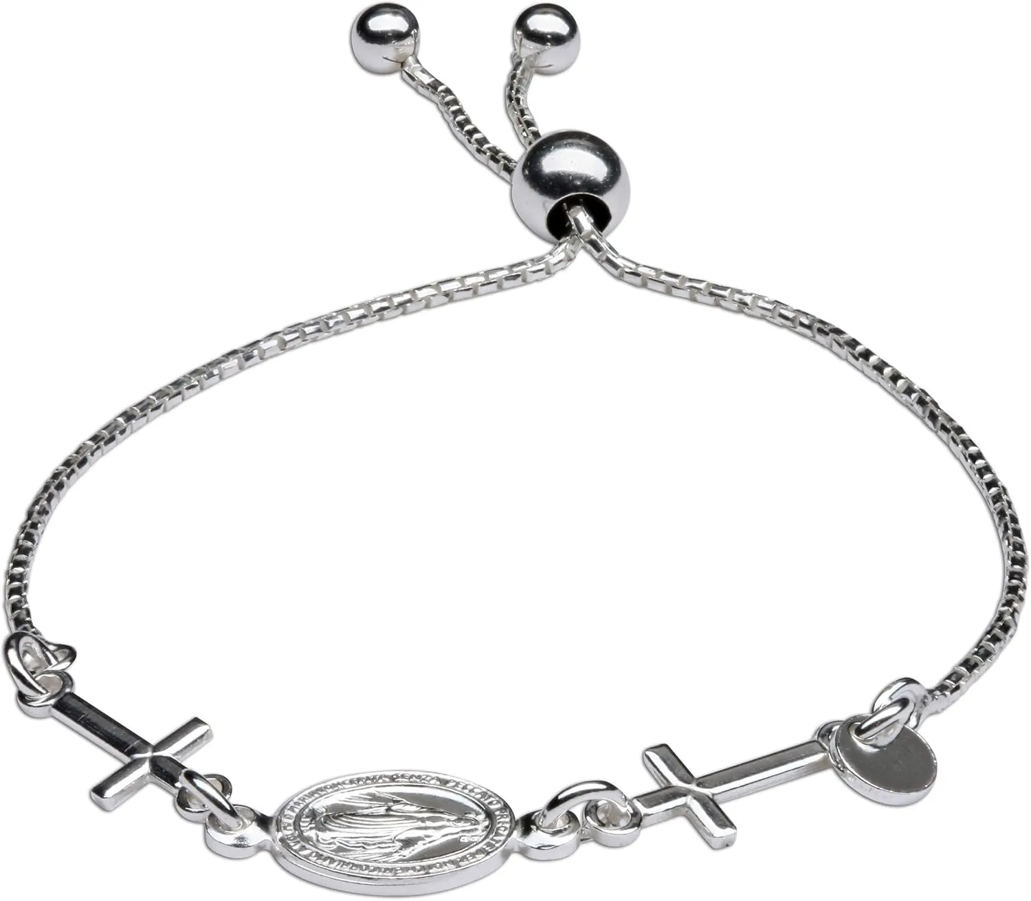 Cherished Moments Sterling Silver First Communion Miraculous Medal and Cross Bolo Bracelet Gift for Girls, Adjustable 6-8 inch
