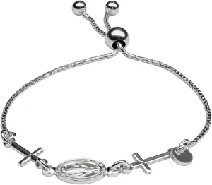 Cherished Moments Sterling Silver First Communion Miraculous Medal and Cross Bolo Bracelet Gift for Girls, Adjustable 6-8 inch