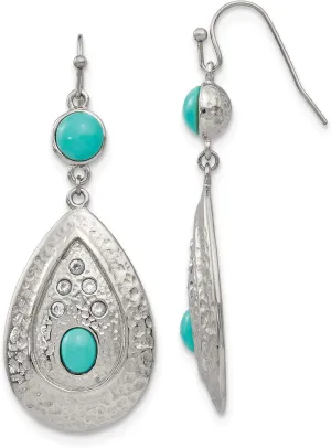 Chisel Stainless Steel Polished Hammered w/Imitation Turquoise & CZ Dangle She