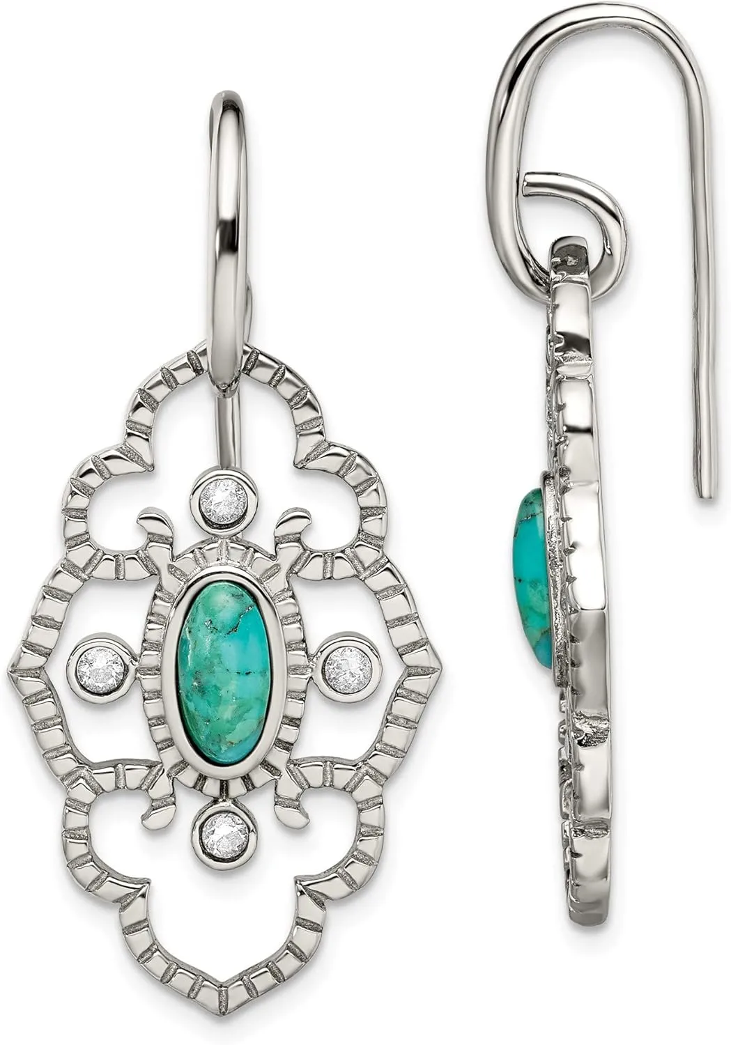 Chisel Stainless Steel Polished Imitation Turquoise & CZ Dangle Shepherd Hook E