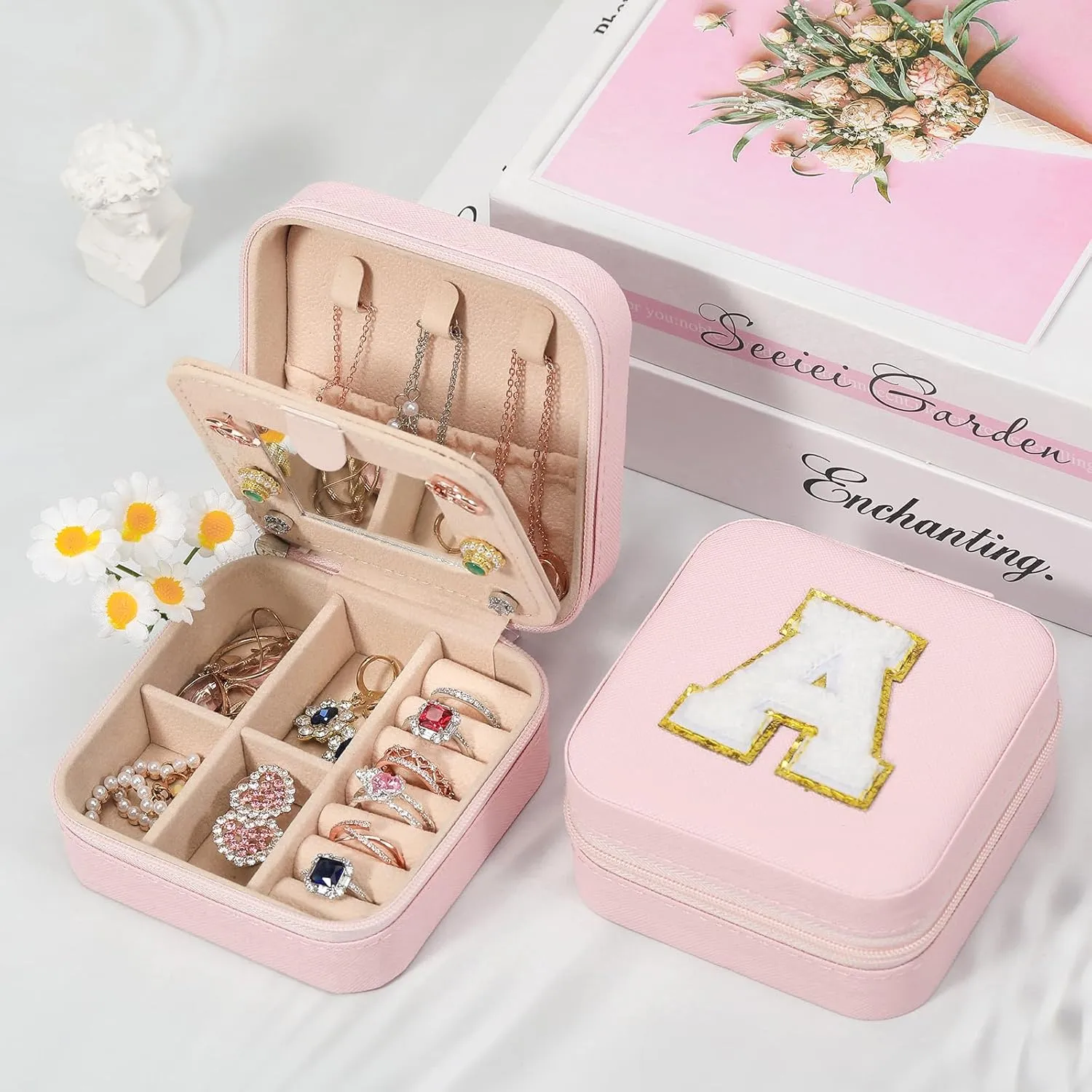 CHMI Travel Jewelry Case, Pink Travel Jewelry Box, Travel Jewelry Organizer, Travel Gifts for Women Girls, Jewelry Organizer Box, Birthday Gifts for Women, Christmas Gifts for Teens Girls - Initial K