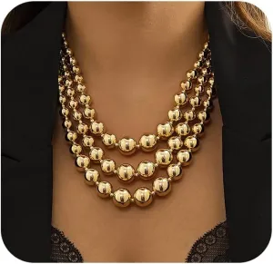 Chunky Balls Beaded Gold Statement Necklace for Women Vintage Large Layered Choker Exaggerated Big Round Ball Beads Collar Necklaces Trendy Hip Hop Jewelry