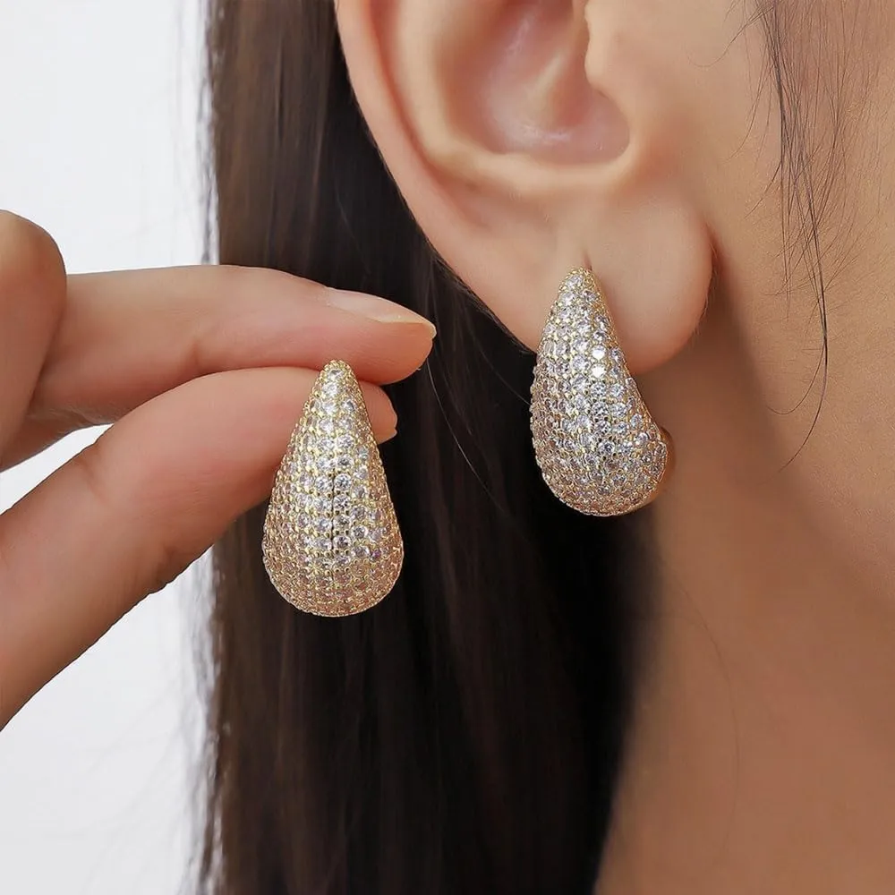 Chunky Gold CZ Hoop Earrings for Women Lightweight Teardrop Dupes Earrings 925 Sterling Silver Post Large Drop Earrings Gold Plated Waterdrop Earrings Trendy Jewelry for Women