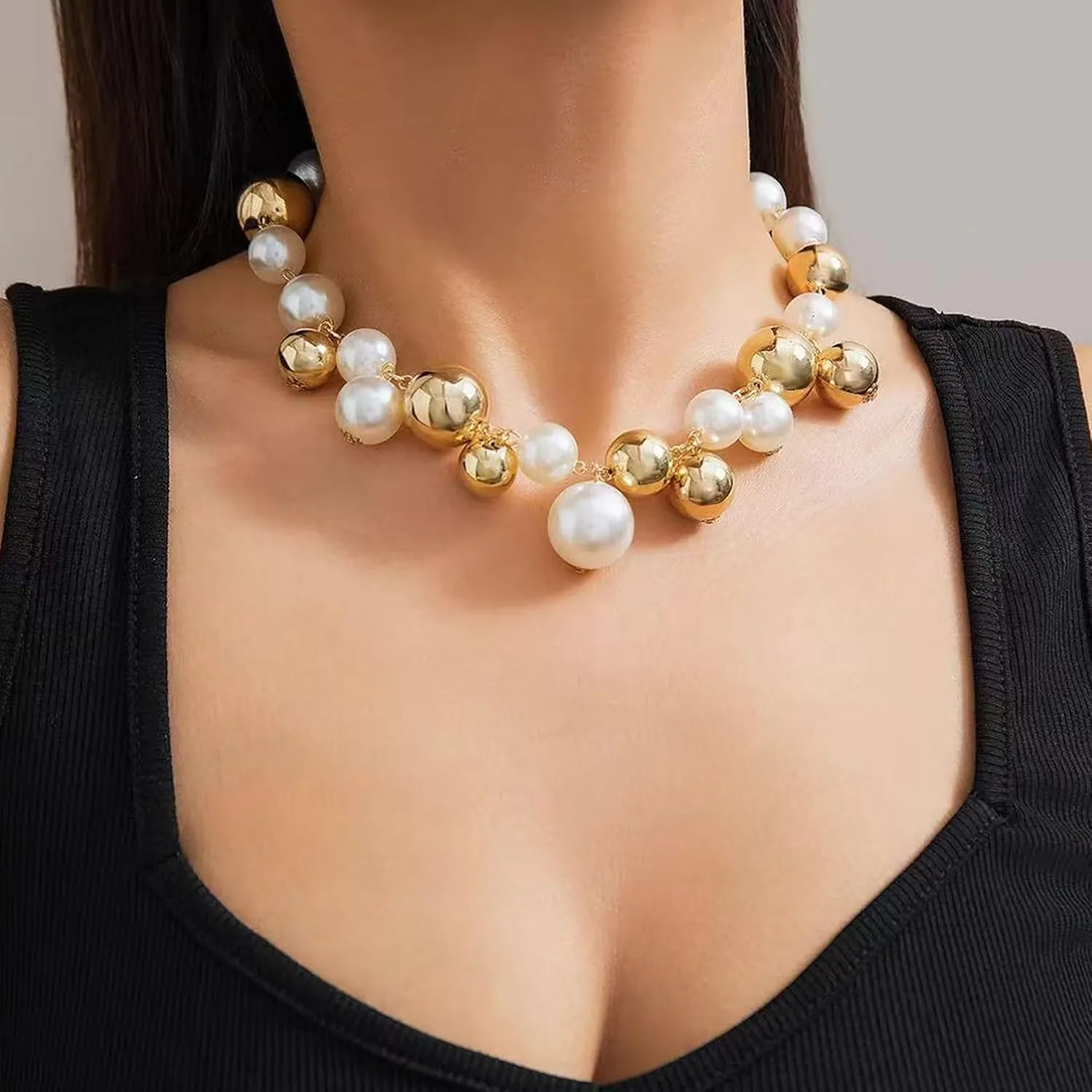 Chunky Gold Pearl Necklace for Women - Big Statement Jewelry with Silver Accents & Luxurious Beads (Pearl & Gold Chain Combo)