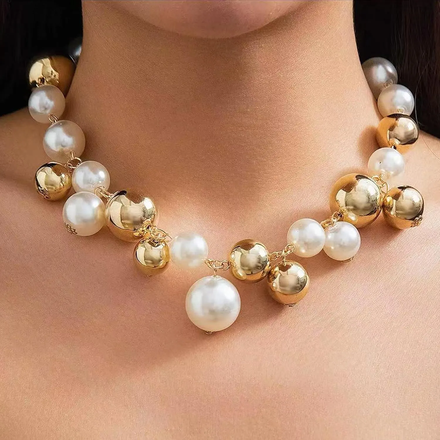 Chunky Gold Pearl Necklace for Women - Big Statement Jewelry with Silver Accents & Luxurious Beads (Pearl & Gold Chain Combo)