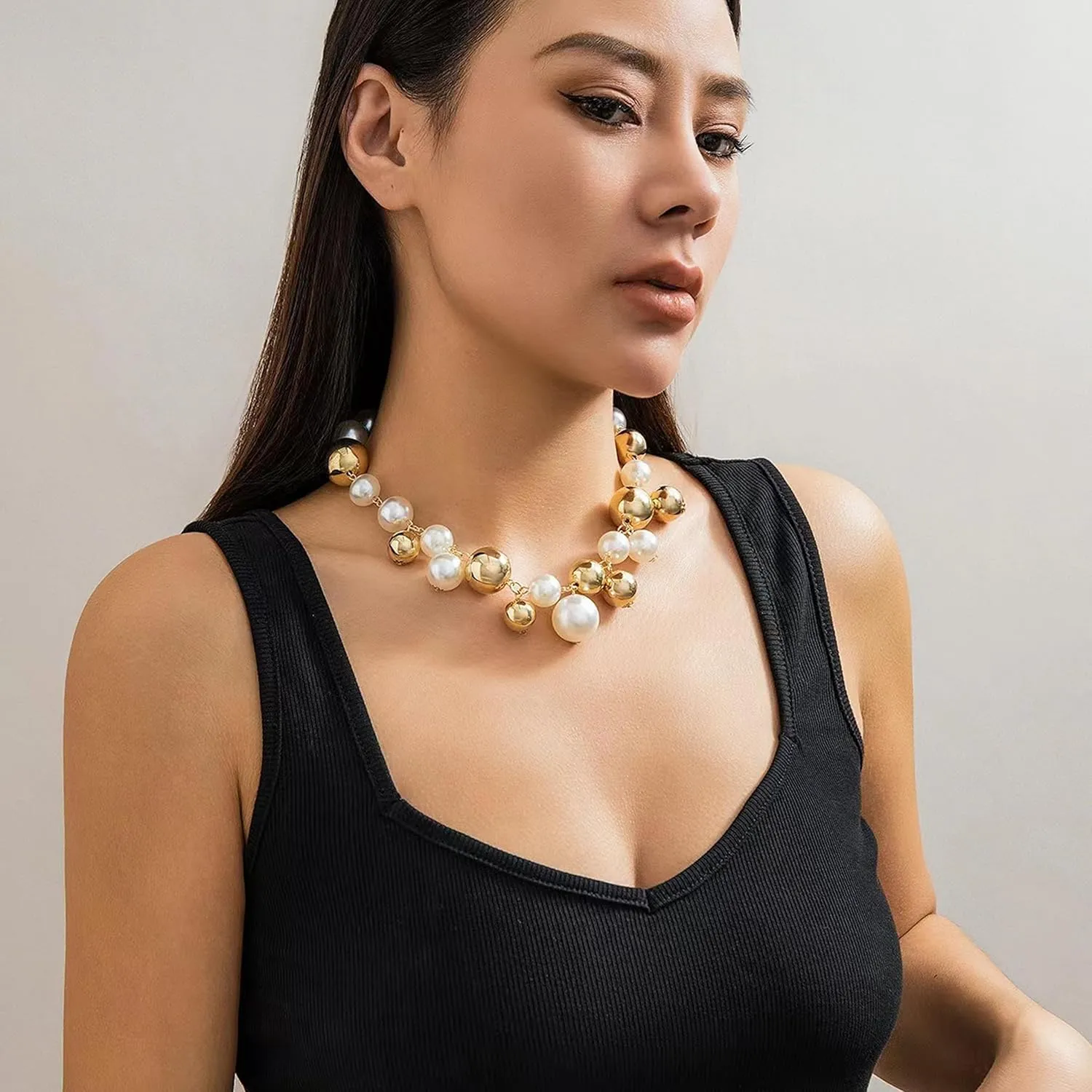 Chunky Gold Pearl Necklace for Women - Big Statement Jewelry with Silver Accents & Luxurious Beads (Pearl & Gold Chain Combo)