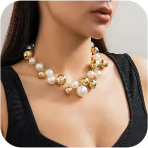 Chunky Gold Pearl Necklace for Women - Big Statement Jewelry with Silver Accents & Luxurious Beads (Pearl & Gold Chain Combo)