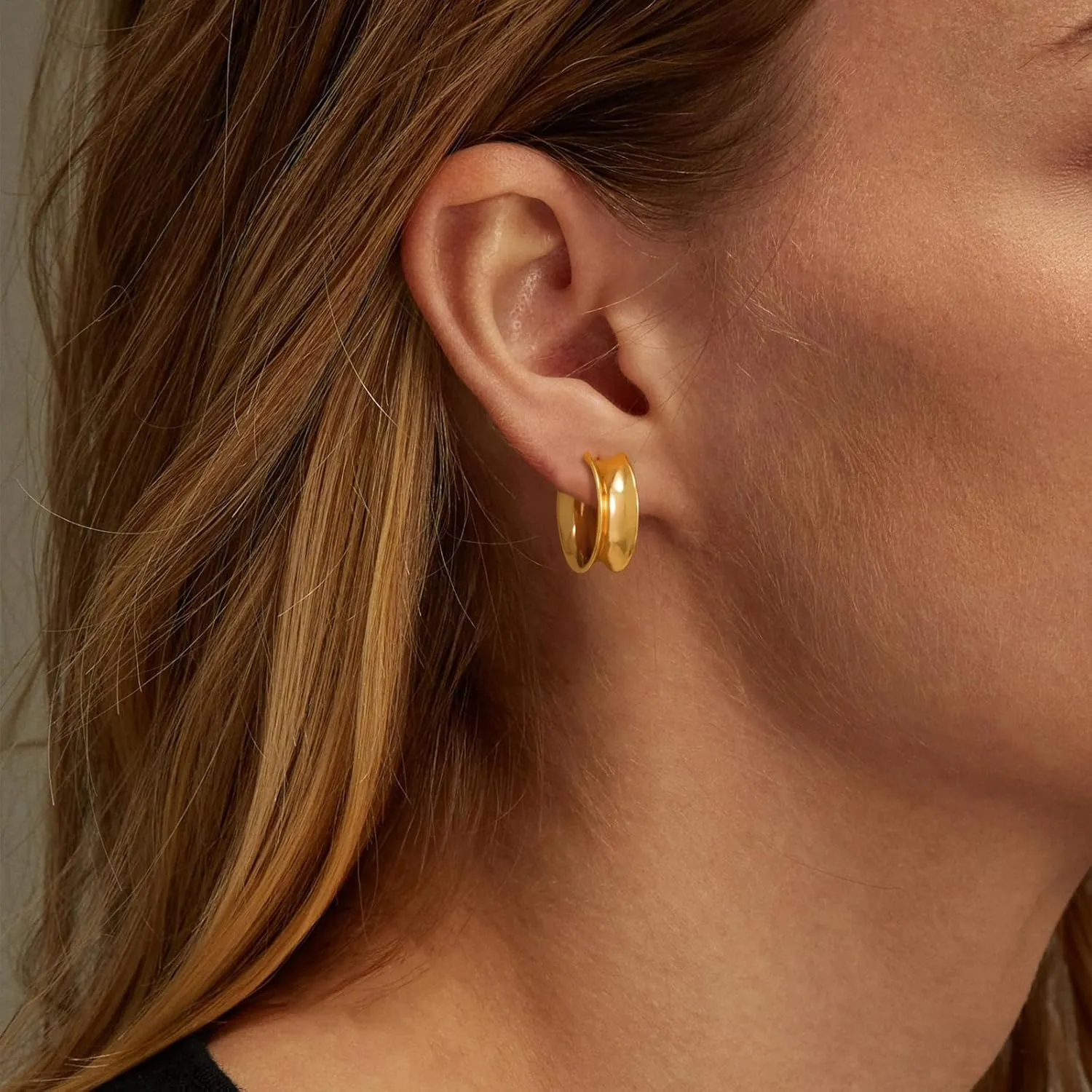 Chunky Hoop Earrings for Women 14K Gold Plated Huggie Hoops, Gold Polished Earrings Delicate Simple Hypoallergenic Jewelry Gift