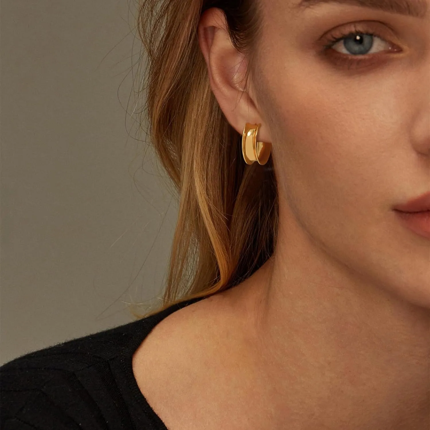 Chunky Hoop Earrings for Women 14K Gold Plated Huggie Hoops, Gold Polished Earrings Delicate Simple Hypoallergenic Jewelry Gift