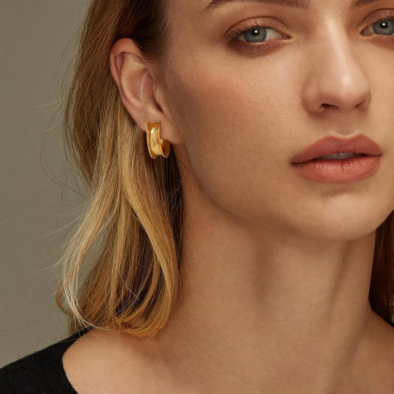 Chunky Hoop Earrings for Women 14K Gold Plated Huggie Hoops, Gold Polished Earrings Delicate Simple Hypoallergenic Jewelry Gift