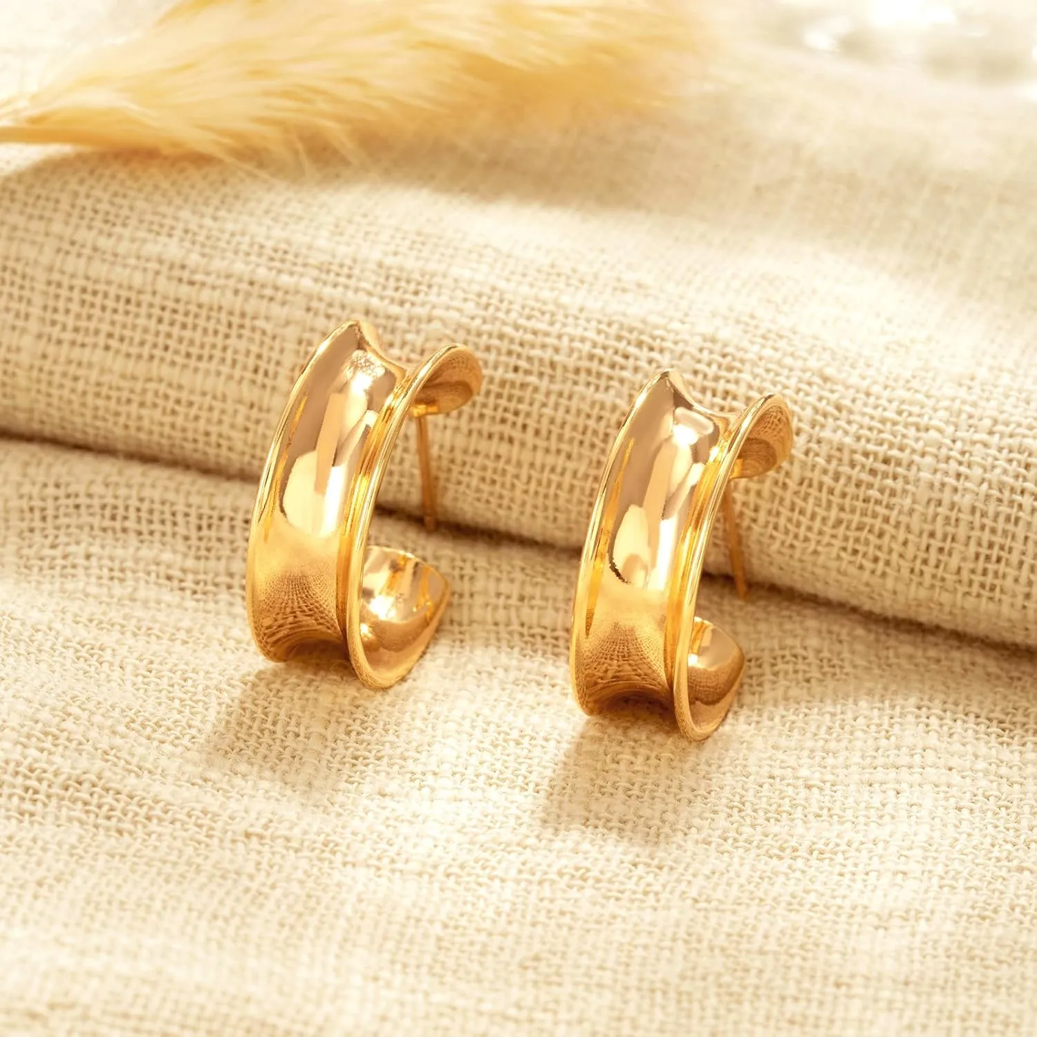 Chunky Hoop Earrings for Women 14K Gold Plated Huggie Hoops, Gold Polished Earrings Delicate Simple Hypoallergenic Jewelry Gift
