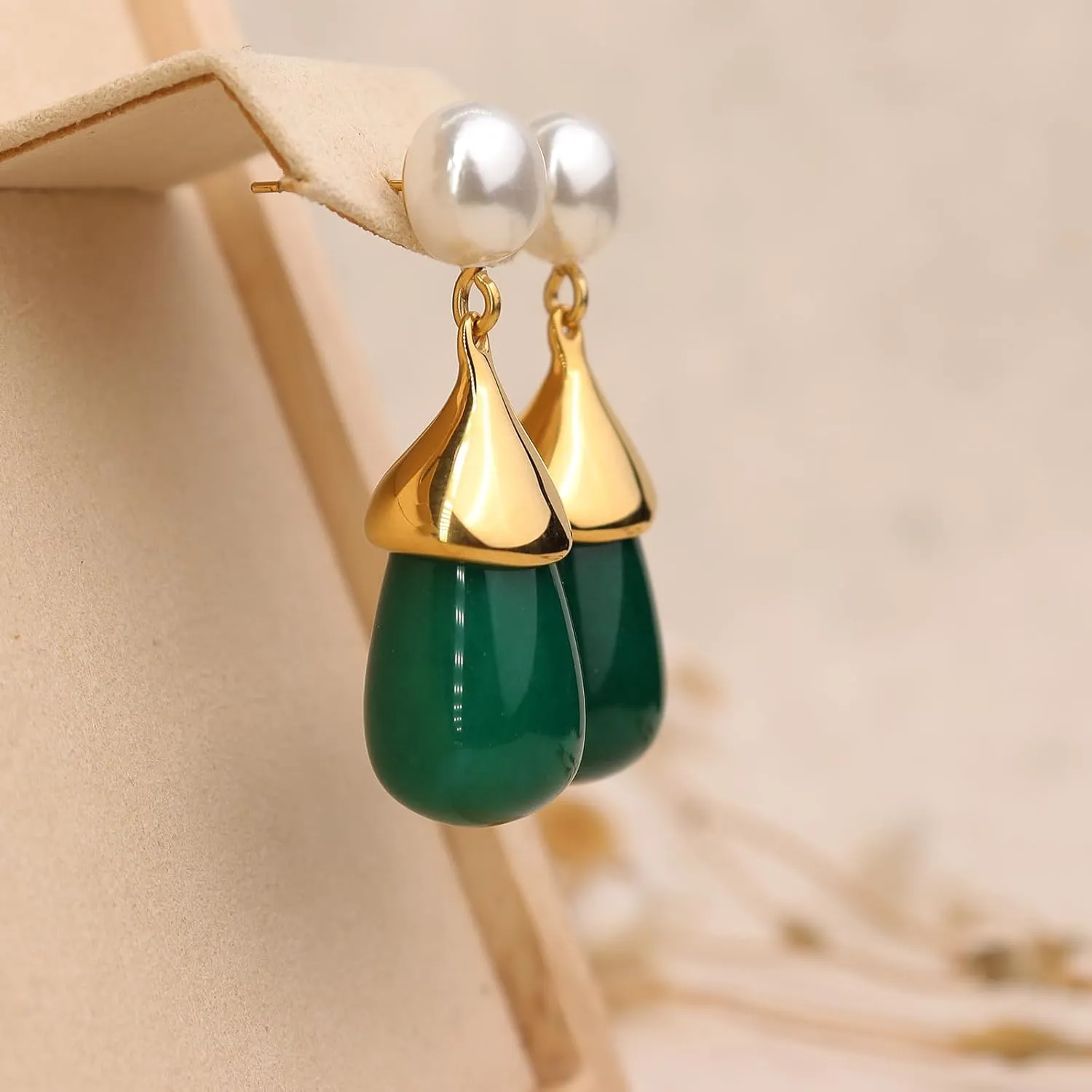 Chunky Pearl Gold Silver Emerald Blue Water Quartz Black Waterdrop Natural Gemstone Drop Earrings for Women, Vintage Statement Teardrop Stone Pearl Earing Prom Jewelry Gift
