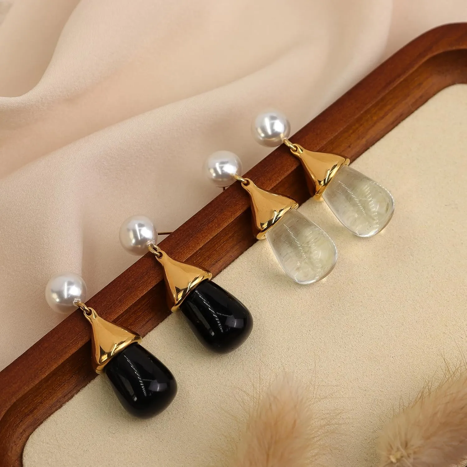 Chunky Pearl Gold Silver Emerald Blue Water Quartz Black Waterdrop Natural Gemstone Drop Earrings for Women, Vintage Statement Teardrop Stone Pearl Earing Prom Jewelry Gift