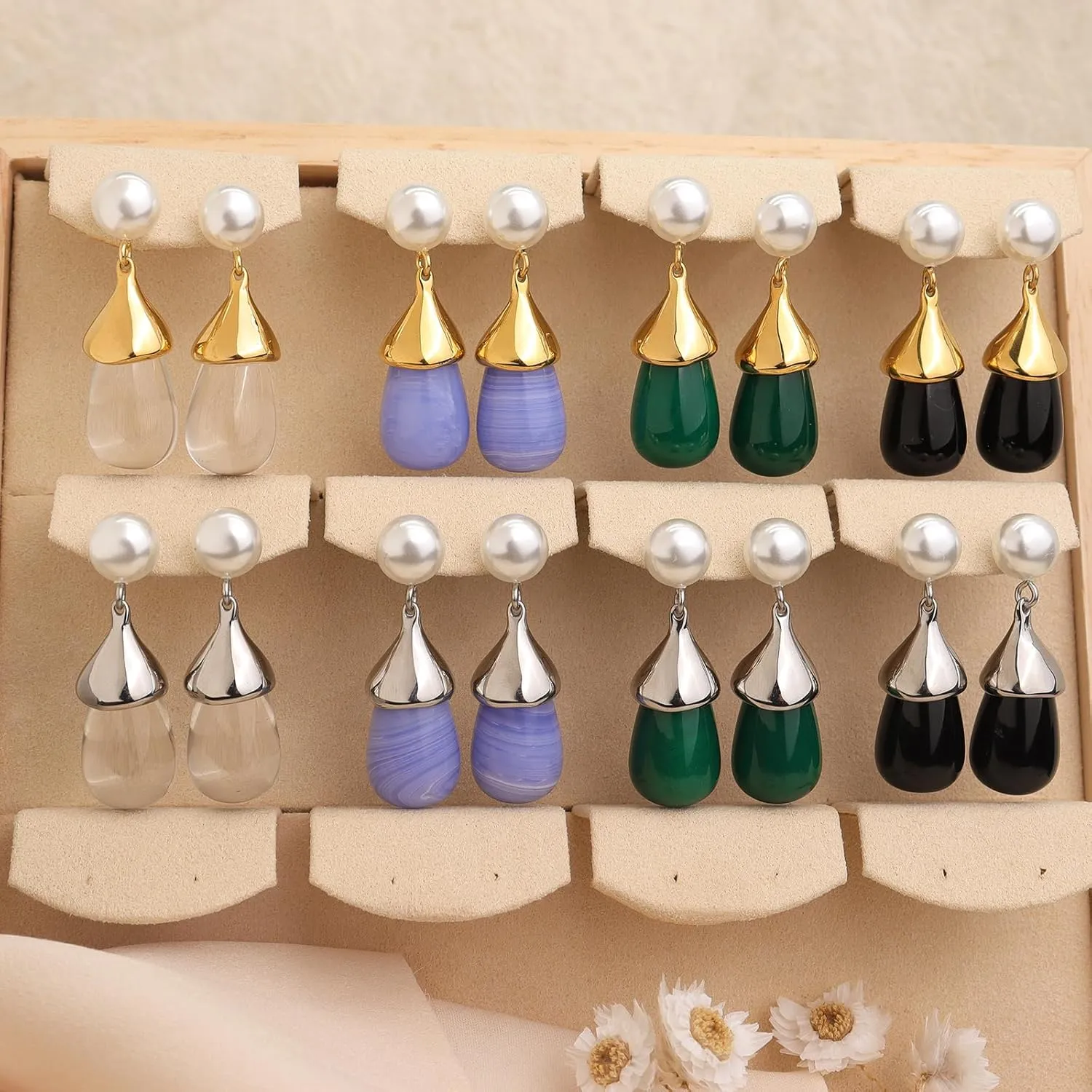 Chunky Pearl Gold Silver Emerald Blue Water Quartz Black Waterdrop Natural Gemstone Drop Earrings for Women, Vintage Statement Teardrop Stone Pearl Earing Prom Jewelry Gift