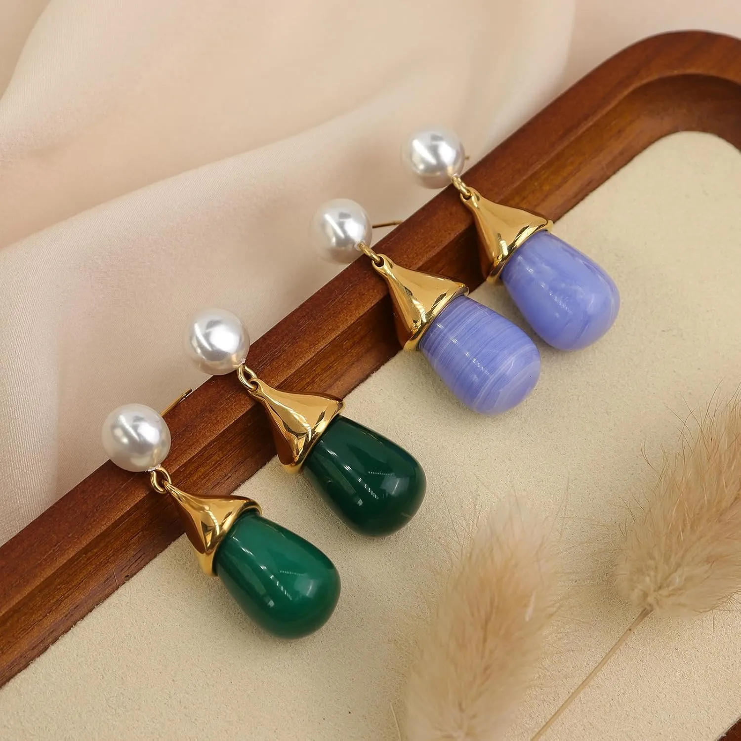 Chunky Pearl Gold Silver Emerald Blue Water Quartz Black Waterdrop Natural Gemstone Drop Earrings for Women, Vintage Statement Teardrop Stone Pearl Earing Prom Jewelry Gift