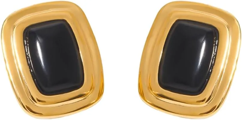 Chunky Rectangle Black Onyx Big Stud Earrings for Women Vintage Stainless Steel 14k Gold Plated Square Geometric Statement Studs Sensitive Ears Hypoallergenic Fashion Trendy Jewelry for Her