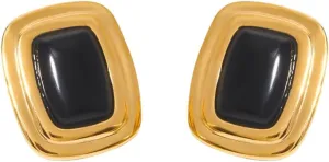Chunky Rectangle Black Onyx Big Stud Earrings for Women Vintage Stainless Steel 14k Gold Plated Square Geometric Statement Studs Sensitive Ears Hypoallergenic Fashion Trendy Jewelry for Her