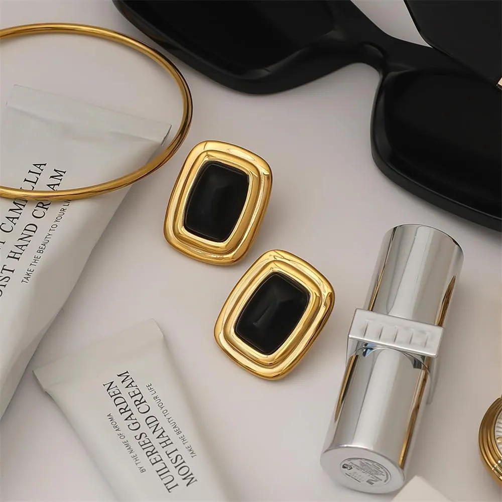 Chunky Rectangle Black Onyx Big Stud Earrings for Women Vintage Stainless Steel 14k Gold Plated Square Geometric Statement Studs Sensitive Ears Hypoallergenic Fashion Trendy Jewelry for Her