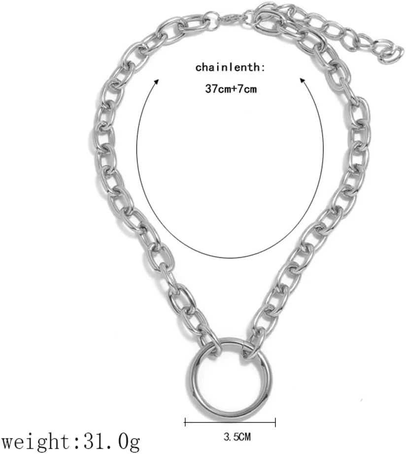Chunky Silver Circle Chain Layered Necklace for Women Long Large Round Layering Choker Circles Link Chains Pendant Necklaces Trendy O-Ring Jewelry