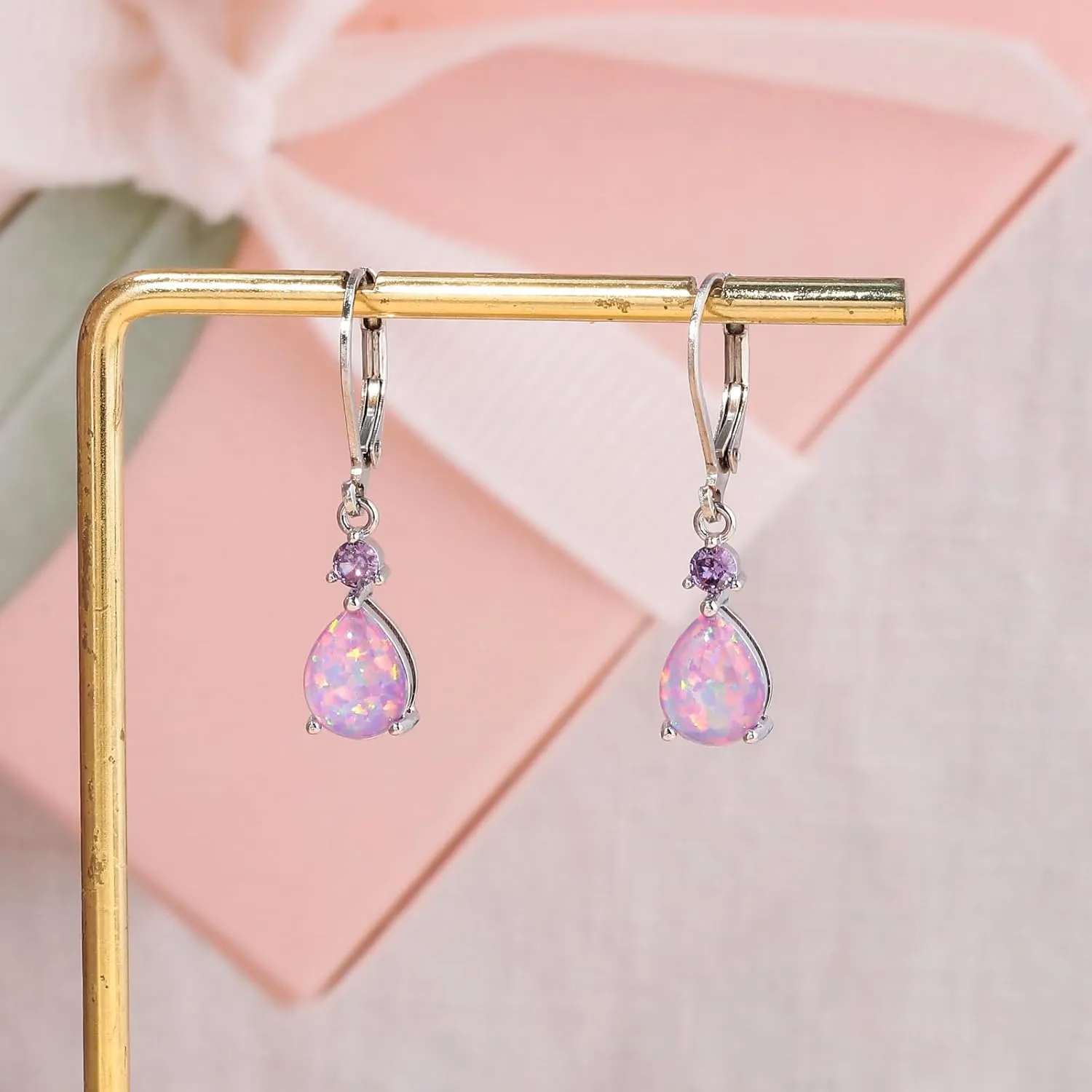 CiNily Leverback Opal Dangle Drop Earrings For Women Girls 14K Gold Plated Teardrop Earrings