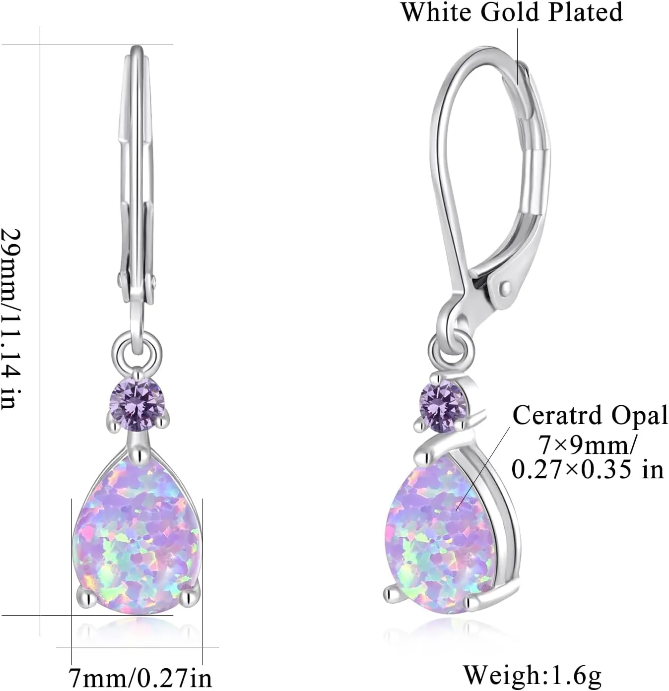 CiNily Leverback Opal Dangle Drop Earrings For Women Girls 14K Gold Plated Teardrop Earrings
