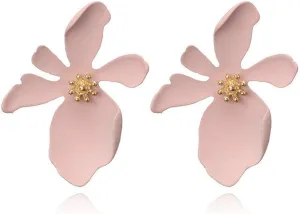 CiNily Womens Flower Earrings - Chic Boho Pink Flower Statement Earrings with Gold Stud, Fashion Metal Matte Stud Ear Rings Big Ear Rings Jewelry for Women