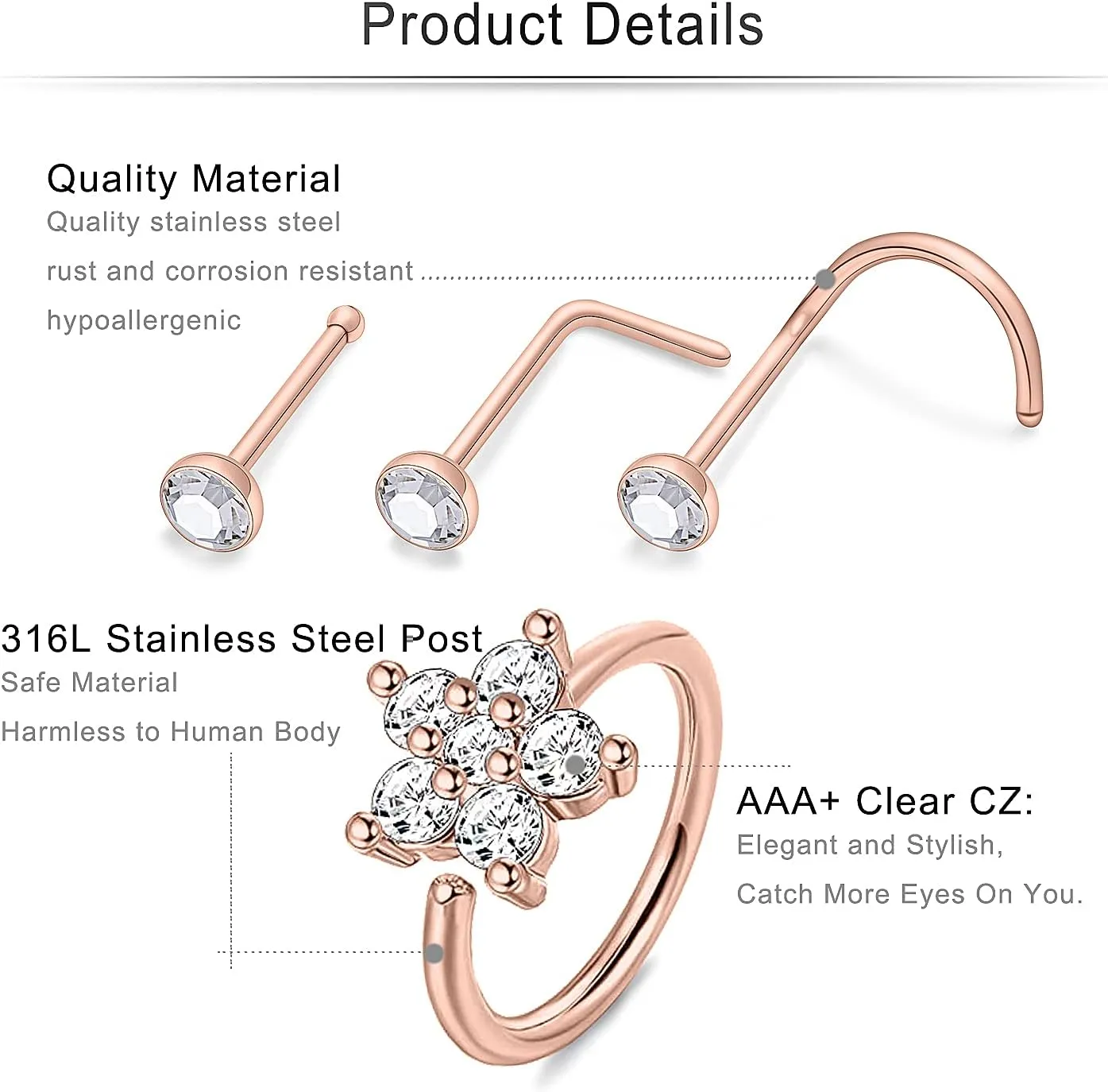 Cisyozi 20G 18G Nose Ring Stud Piercing Jewelry for Women Surgical Steel Nose Ring Hoops Rose Gold Hypoallergenic Nostril Ring Stud Piercing Jewerly