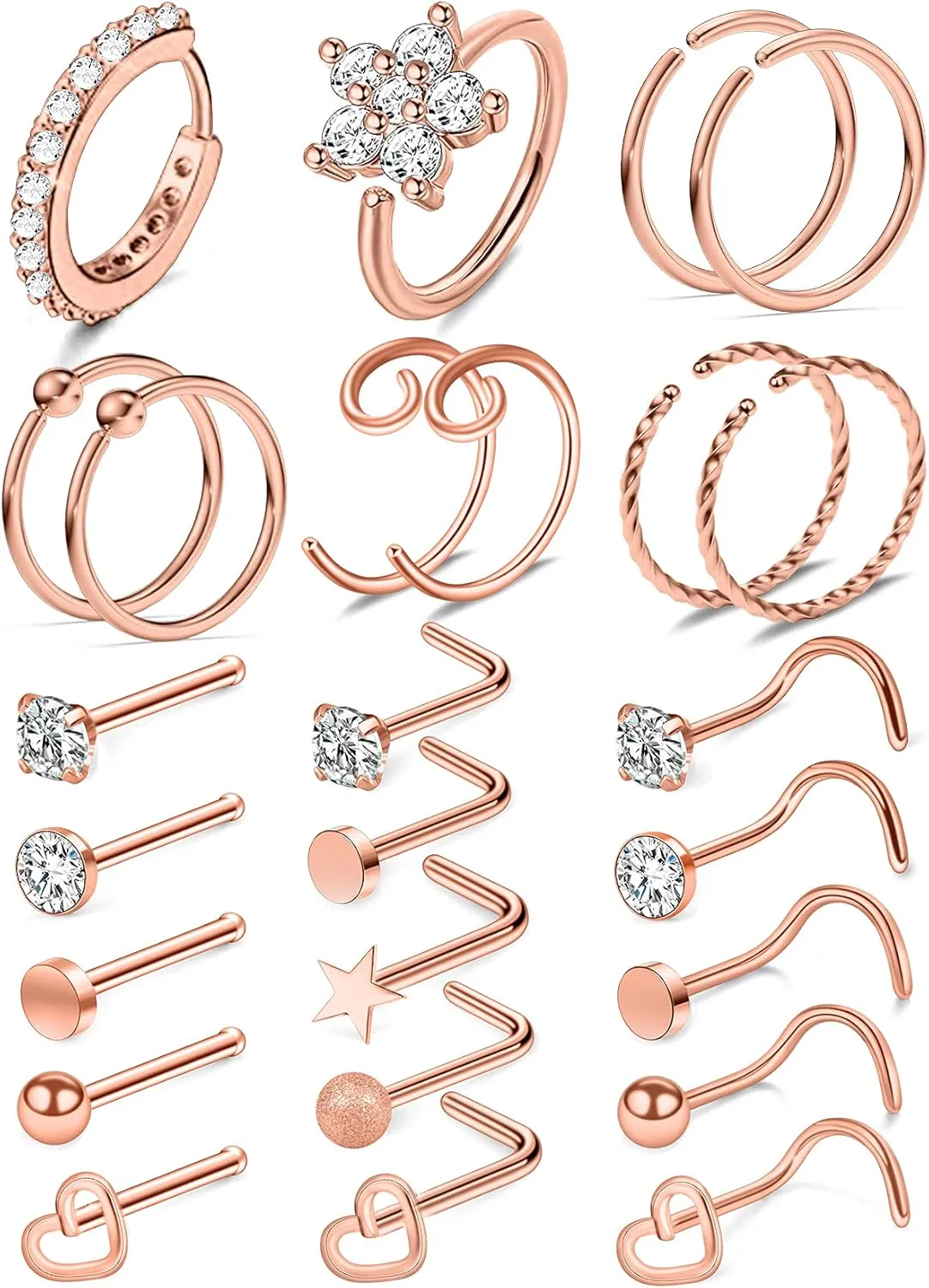 Cisyozi 20G 18G Nose Ring Stud Piercing Jewelry for Women Surgical Steel Nose Ring Hoops Rose Gold Hypoallergenic Nostril Ring Stud Piercing Jewerly