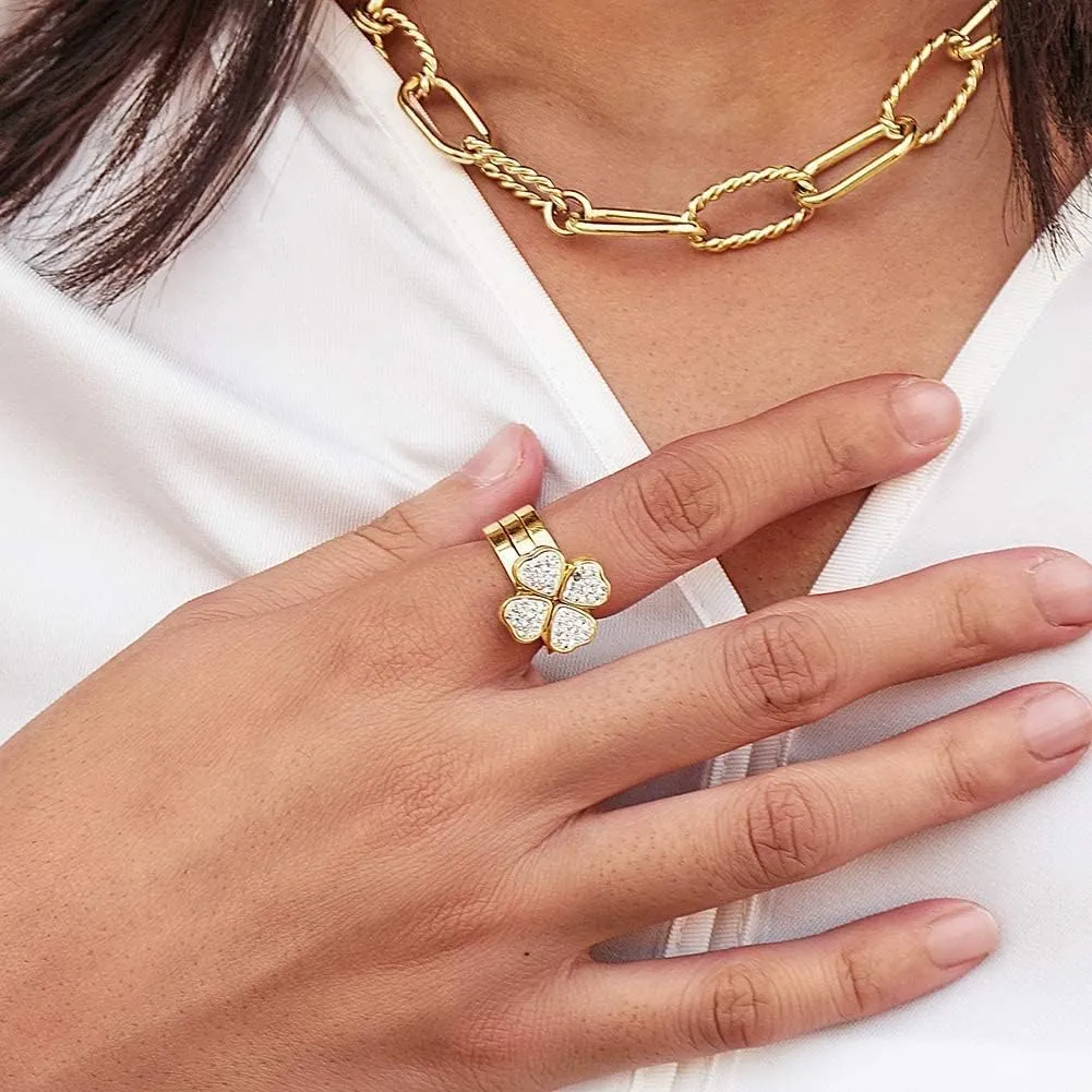 CIUNOFOR 14K Gold Plated Ring Simulated Diamond CZ Cocktail Rings for Women Gold Statement Rings Timeless Clover Bands for Unisex adults Parallel Bar Ring for Men Customized Personalized