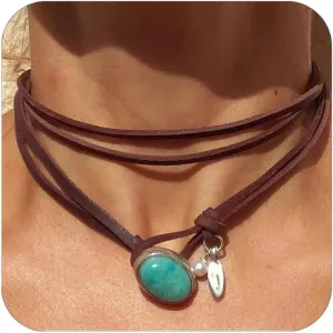 CJIAYUJEW Boho Choker Necklace for Women Brown Suede Choker Necklaces Trendy Boho Layered Leather Necklace Western Turquoise