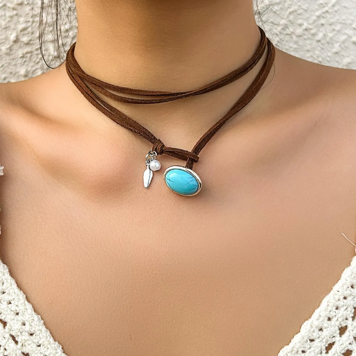 CJIAYUJEW Boho Choker Necklace for Women Brown Suede Choker Necklaces Trendy Boho Layered Leather Necklace Western Turquoise