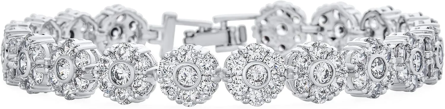 Classic Bridal Art Deco Style CZ Genuine Gemstones Halo Circle Circlet Rosette Solitaire Pendant Earring Bracelets AAA Cubic Zirconia for Women Silver
