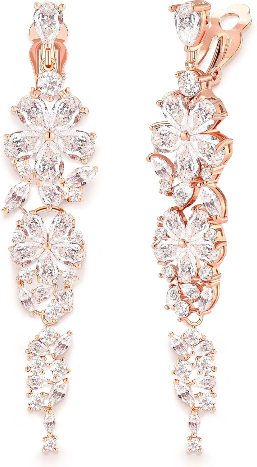 Clip-On Earrings for Wedding, Prom - Marquis and Pear Shape Cubic Zirconia Cluster Chandeliers Non-Pierced Clip Earrings for Women, Brides, Bridesmaid, Mother of the Bride, Diamond Clip-On Earrings