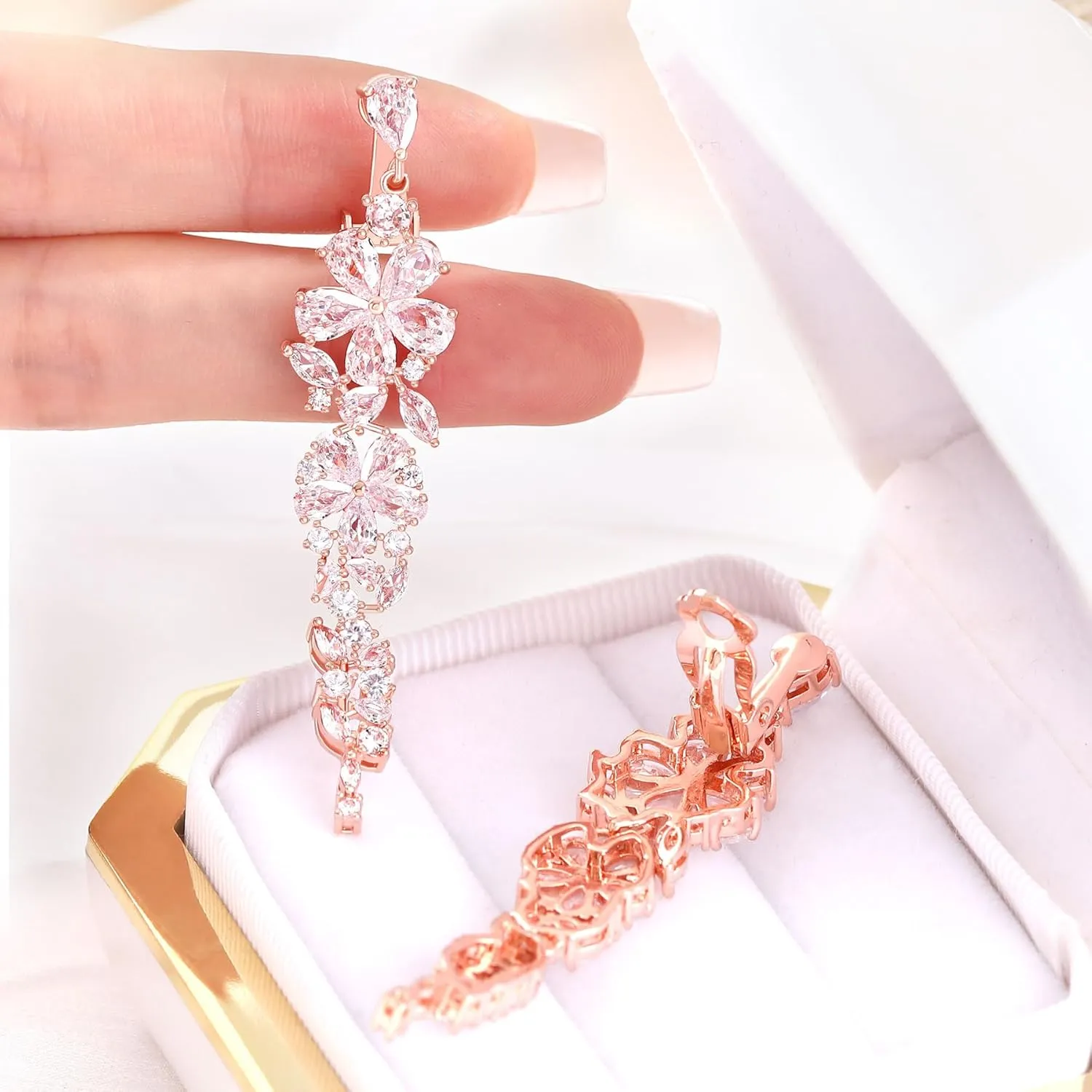 Clip-On Earrings for Wedding, Prom - Marquis and Pear Shape Cubic Zirconia Cluster Chandeliers Non-Pierced Clip Earrings for Women, Brides, Bridesmaid, Mother of the Bride, Diamond Clip-On Earrings