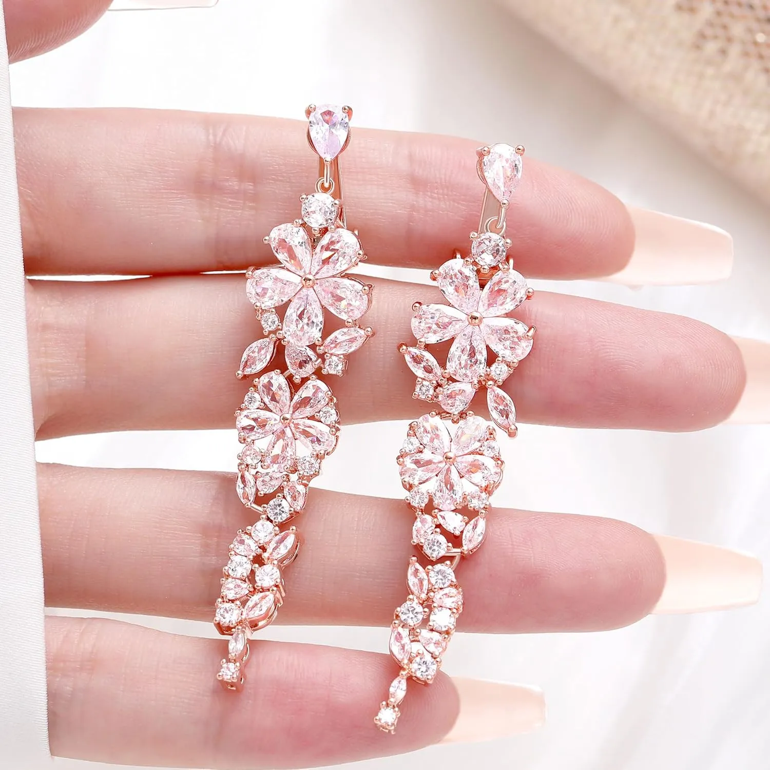 Clip-On Earrings for Wedding, Prom - Marquis and Pear Shape Cubic Zirconia Cluster Chandeliers Non-Pierced Clip Earrings for Women, Brides, Bridesmaid, Mother of the Bride, Diamond Clip-On Earrings