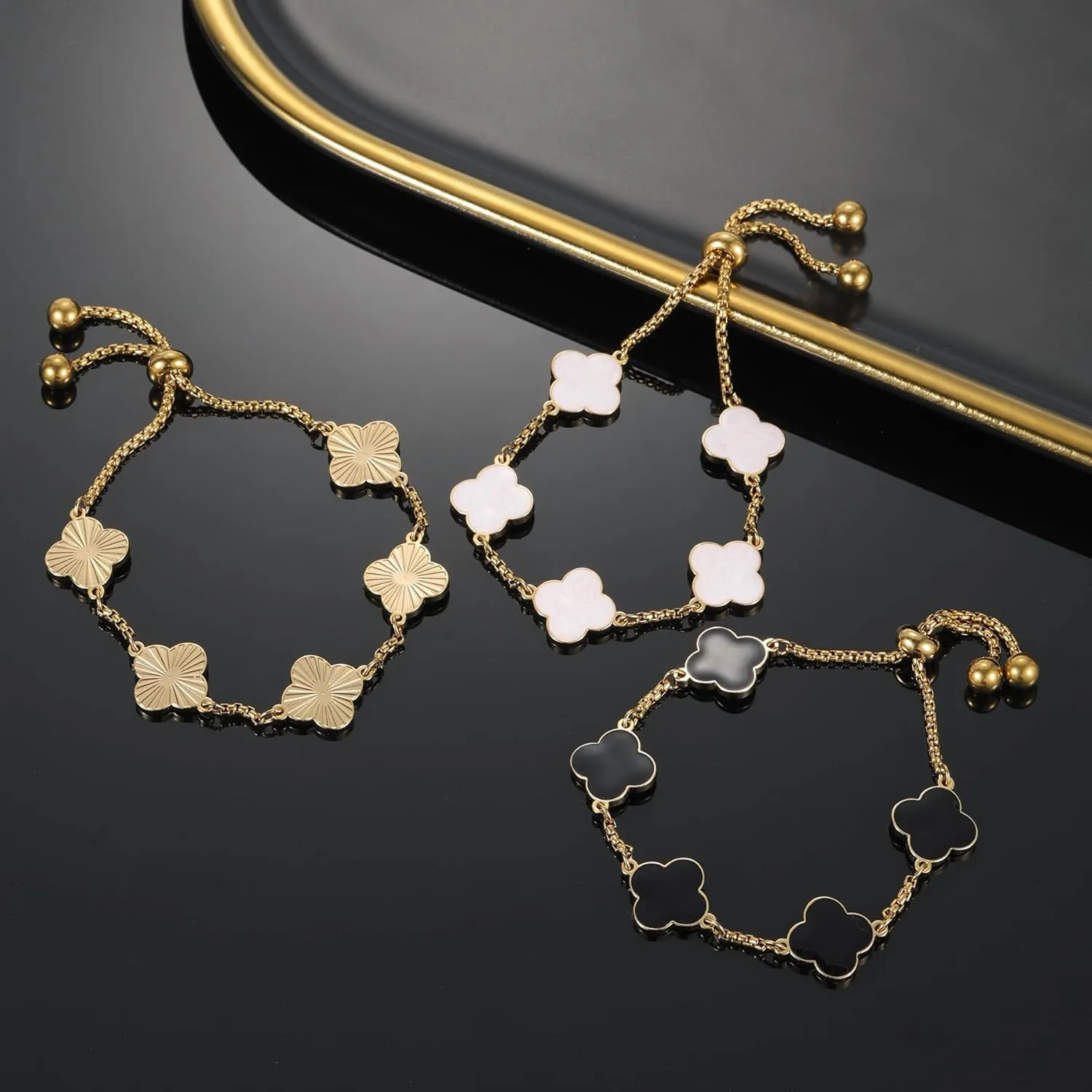 Clover Bracelet For Women 18K Gold Plated White/Black/Gold Flower Four Leaf Clover Bracelets Trendy Adjustable Jewelry Luky Gifts for Women