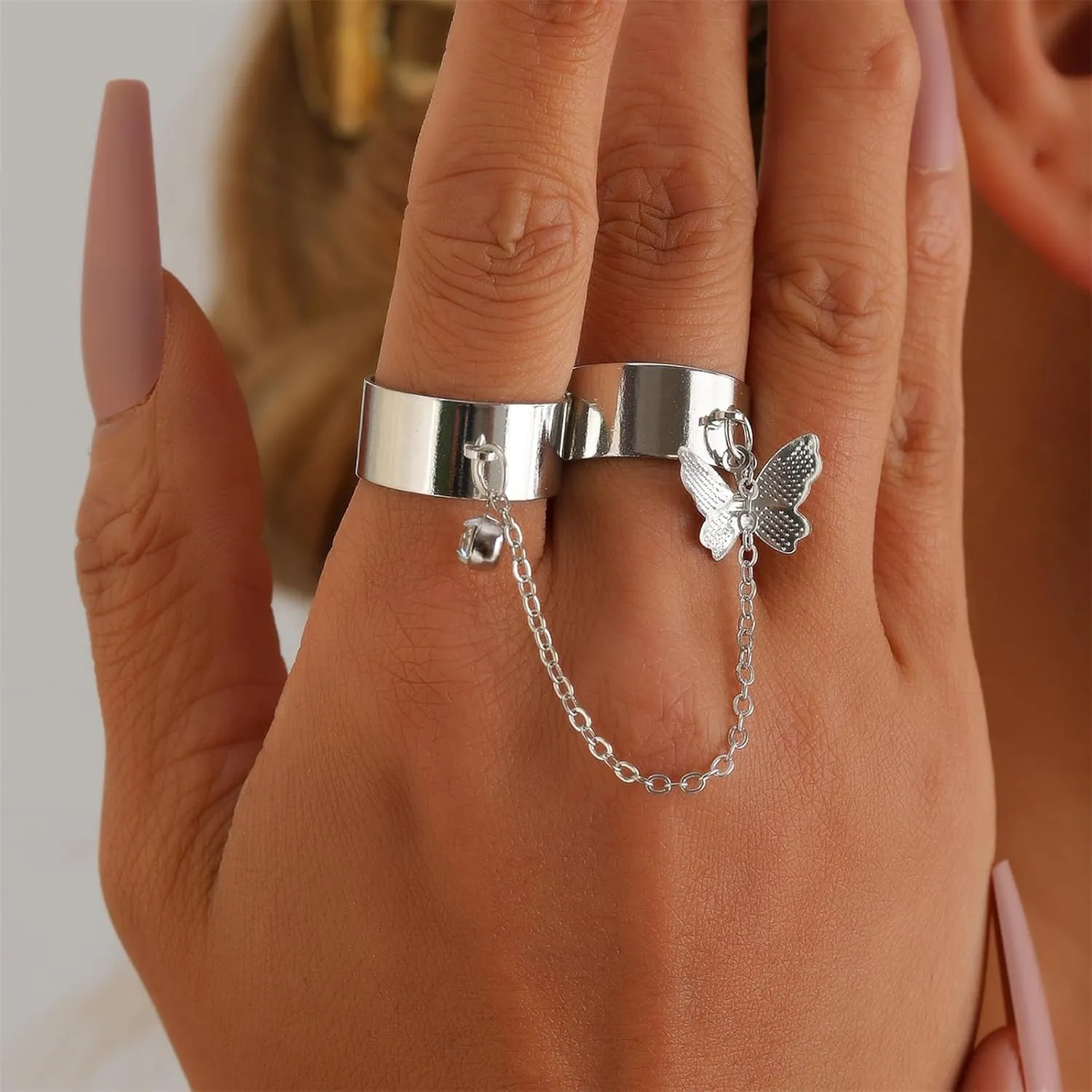 coadipress Punk Chain Open Cuff Finger Rings for Men Women Adjustable Hip Hop Vintage Gothic Stackable Statement Knuckle Ring Link Multiple Chain Ring Party Jewelry